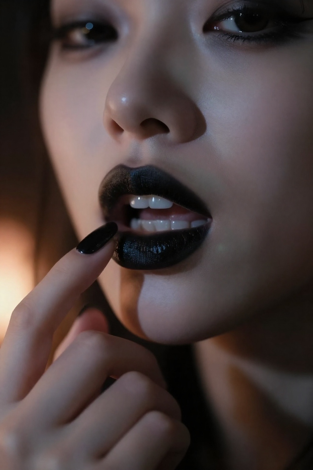 Extreme close-up of a woman’s parted lips,  black lipstick,  heavy goth eye makeup on Tensor.Art