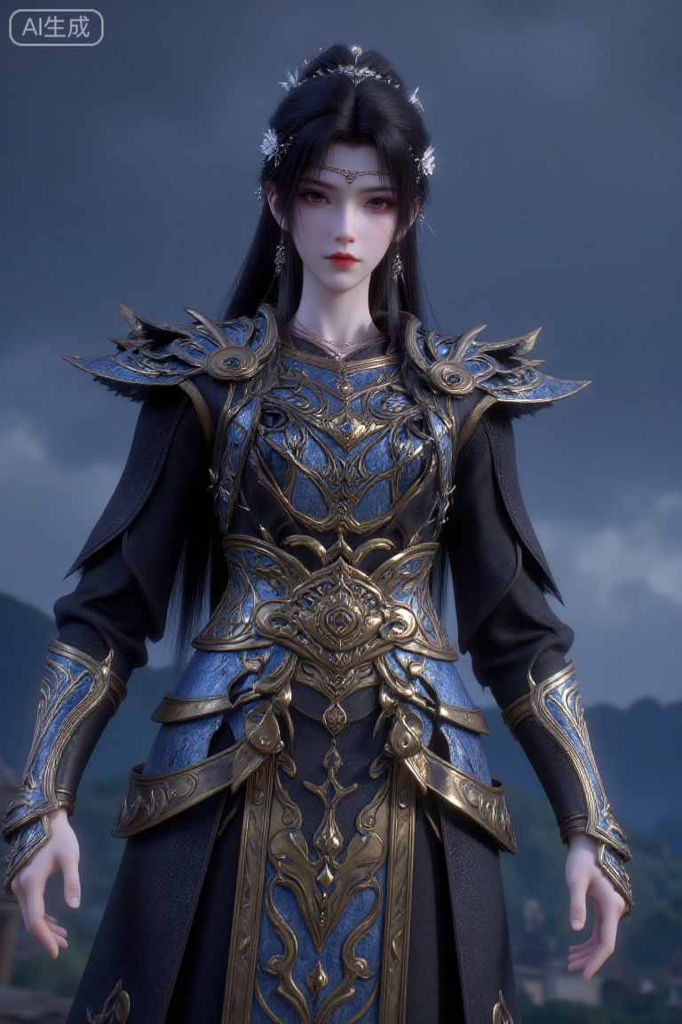 (Masterpiece, best quality, 8K, HDR, ultra-detailed:1.3), 1 majestic ancient Chinese female general in ornate blue and gold armor with intricate shoulder guards and waist belt, black hair flowing with white floral hair accessories and silver ornaments. Standing centered against gloomy sky with distant mountains, cold and imposing atmosphere. Cinematic warrior style, highly detailed armor textures, sharp contrast between cool armor tones and warm skin. Low-angle shot emphasizing power and majesty.