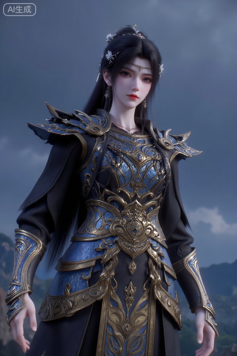 (Masterpiece, best quality, 8K, HDR, ultra-detailed:1.3), 1 majestic ancient Chinese female general in ornate blue and gold armor with intricate shoulder guards and waist belt, black hair flowing with white floral hair accessories and silver ornaments. Standing centered against gloomy sky with distant mountains, cold and imposing atmosphere. Cinematic warrior style, highly detailed armor textures, sharp contrast between cool armor tones and warm skin. Low-angle shot emphasizing power and majesty.