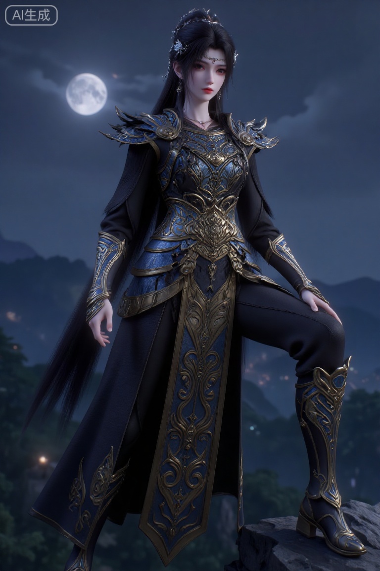 (Masterpiece, best quality, 8K, HDR, ultra-detailed: 1.3), 1 majestic ancient Chinese female warrior in exquisite black and gold armor dress with metallic sheen, wearing an elaborate headdress with hair ornaments. Leaning gracefully with one hand resting on a rock, combining elegance and heroic aura. Against a night sky backdrop with a bright full moon casting cool silvery light, distant misty mountains. Overall dark color scheme dominated by black, gold, and silver tones, creating a mysterious and grand atmosphere. Centered composition with strong visual impact, cinematic lighting, highly detailed armor textures and accessories.
