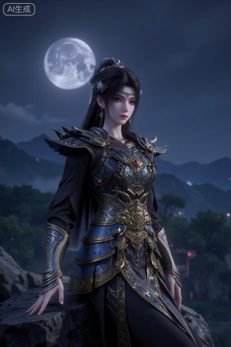 (Masterpiece, best quality, 8K, HDR, ultra-detailed: 1.3), 1 majestic ancient Chinese female warrior in exquisite black and gold armor dress with metallic sheen, wearing an elaborate headdress with hair ornaments. Leaning gracefully with one hand resting on a rock, combining elegance and heroic aura. Against a night sky backdrop with a bright full moon casting cool silvery light, distant misty mountains. Overall dark color scheme dominated by black, gold, and silver tones, creating a mysterious and grand atmosphere. Centered composition with strong visual impact, cinematic lighting, highly detailed armor textures and accessories.