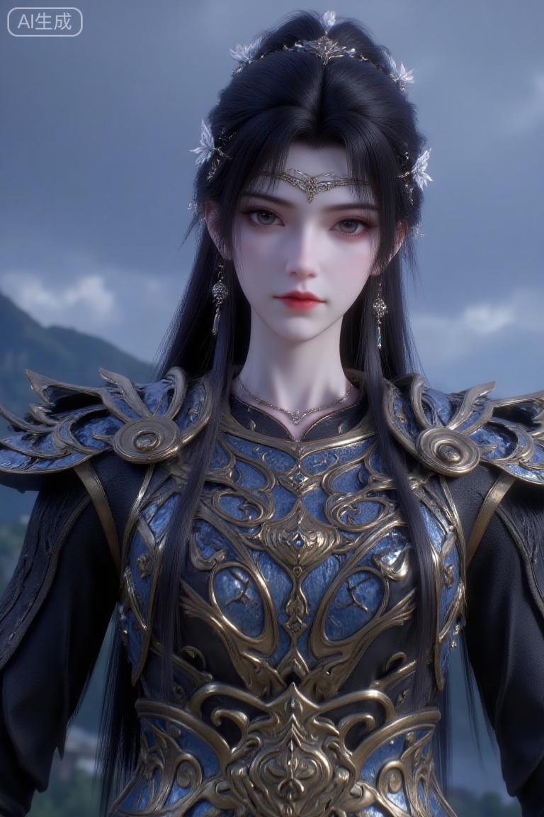 (Masterpiece, best quality, 8K, HDR, ultra-detailed:1.3), 1 majestic ancient Chinese female general in ornate blue and gold armor with intricate shoulder guards and waist belt, black hair flowing with white floral hair accessories and silver ornaments. Standing centered against gloomy sky with distant mountains, cold and imposing atmosphere. Cinematic warrior style, highly detailed armor textures, sharp contrast between cool armor tones and warm skin. Low-angle shot emphasizing power and majesty.