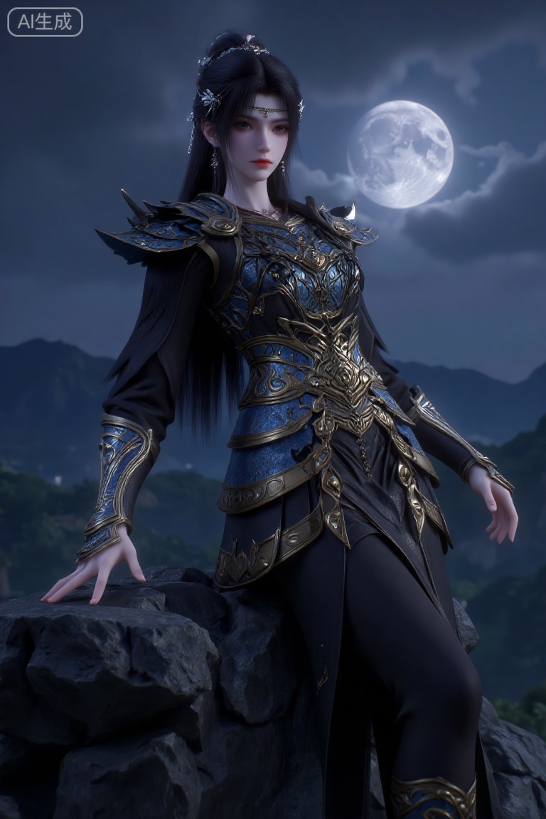 (Masterpiece, best quality, 8K, HDR, ultra-detailed: 1.3), 1 majestic ancient Chinese female warrior in exquisite black and gold armor dress with metallic sheen, wearing an elaborate headdress with hair ornaments. Leaning gracefully with one hand resting on a rock, combining elegance and heroic aura. Against a night sky backdrop with a bright full moon casting cool silvery light, distant misty mountains. Overall dark color scheme dominated by black, gold, and silver tones, creating a mysterious and grand atmosphere. Centered composition with strong visual impact, cinematic lighting, highly detailed armor textures and accessories.