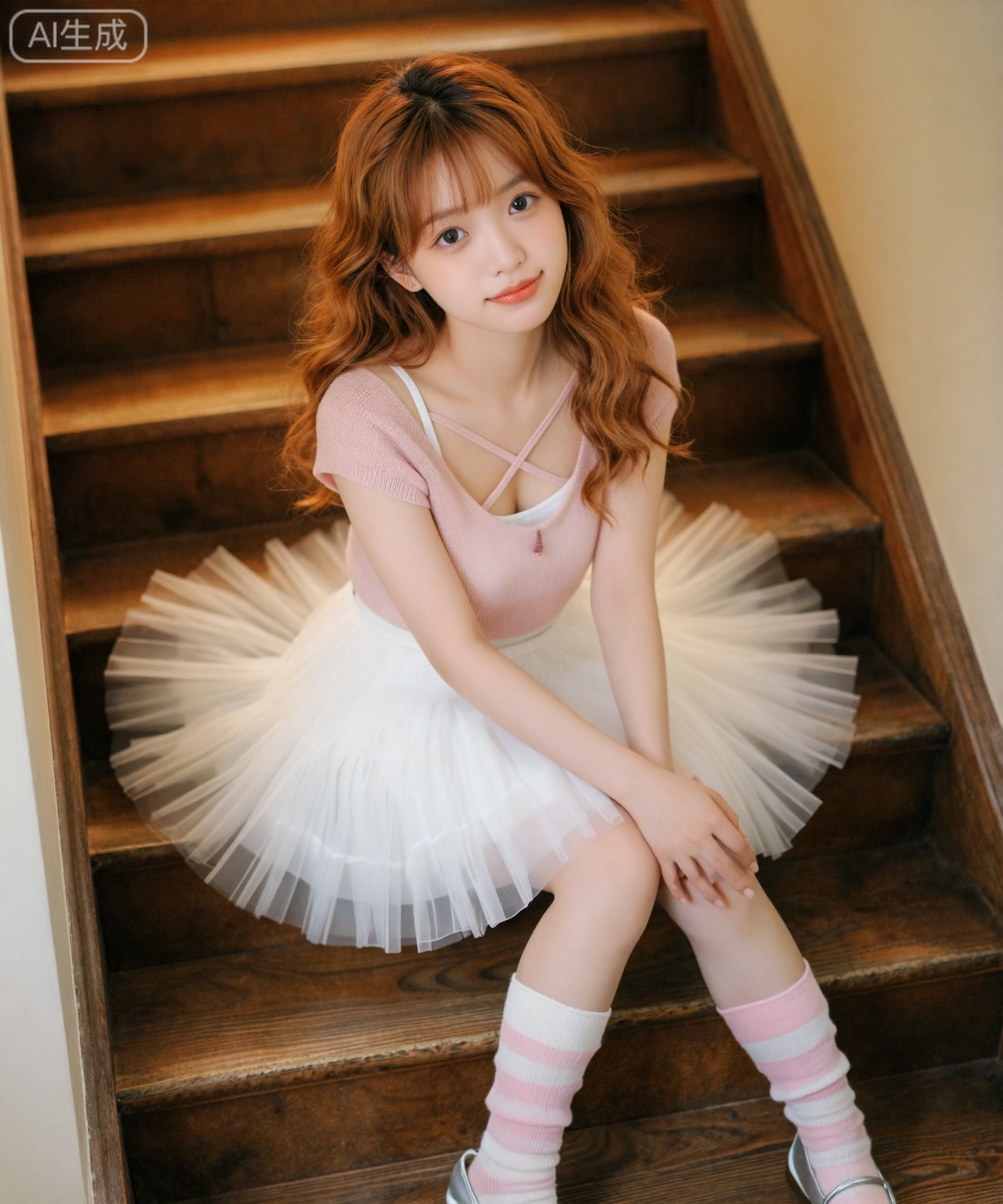 视角与构图： 从高处垂直向下俯拍,人物坐在复古的木质楼梯上,裙摆像花瓣一样铺开。
人物与动作： 一位甜美可人的20岁中国女孩,蜂蜜色的长卷发柔软蓬松,空气刘海凸显出精致的五官。她双手抱膝坐在台阶上,抬头用无辜的大眼睛向上注视镜头,嘴角带着甜甜的笑意。
穿搭细节： 紧跟潮流的芭蕾风穿搭：上身是一件淡粉色的交叉绑带针织罩衫,内搭白色吊带；下身是一条蓬松的白色纱质蛋糕裙,层层叠叠；腿部穿着粉白相间的堆堆袜套,脚踩银色的芭蕾舞平底鞋。
光影与氛围： 室内暖黄色的灯光,营造出梦幻、温柔且充满少女心的氛围。