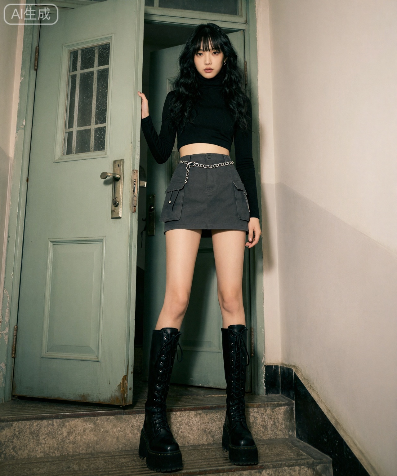 场景与氛围： 带有年代感的楼道,背景是一扇略显斑驳的浅绿色防火门和水泥台阶,充满了复古的生活气息。
人物与身材： 20岁的酷女孩正单手推开防火门准备走出来。她留着黑茶色的长卷发和空气刘海。镜头从楼梯下方的低角度仰拍,视觉上将她的身高拉长至超模般的九头身比例,一双笔直修长的大腿仿佛要跨出屏幕,压迫感十足。
穿搭细节： 街头机能风：上身是一件黑色的紧身短款半高领打底衫,下身搭配深灰色的工装迷你短裙,腰间挂着银色的金属链条装饰；脚踩一双黑色的厚底系带长筒靴,显得腿部更加修长。
视觉重点： 冷酷的表情与充满力量感的长腿线条,在破旧背景下形成强烈的时尚反差。