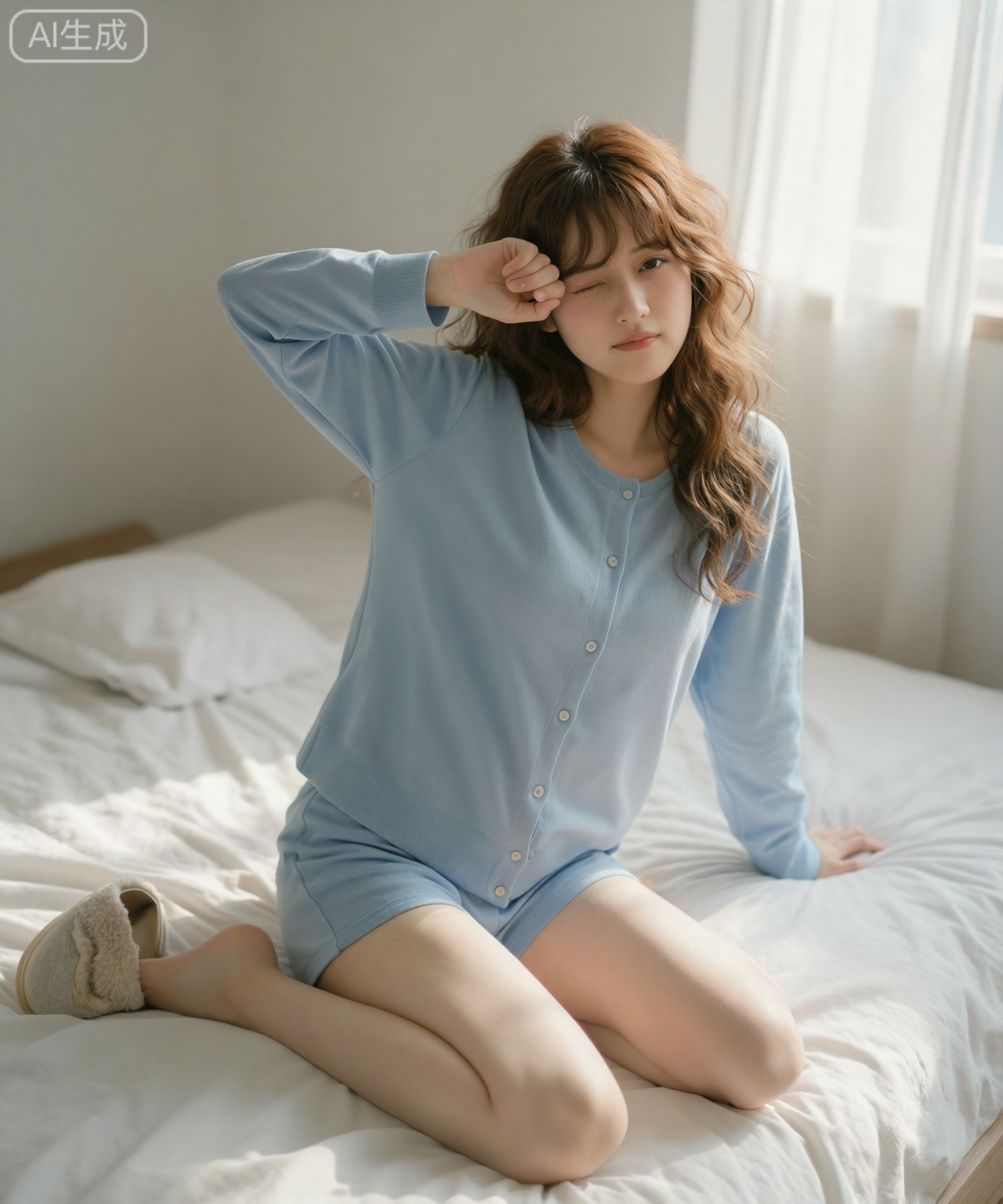 场景与氛围： 这是一个略显凌乱但充满阳光的卧室。白色的床单皱巴巴的,阳光透过半拉的窗帘洒在床上。
人物与动作： 20岁的中国女孩刚刚睡醒,坐在床边伸懒腰。她留着栗色长波浪卷发（稍微有点睡乱的蓬松感）,空气刘海随意地搭在额前。她一只手揉着眼睛,另一只手撑在床垫上,表情迷迷糊糊却十分可爱。
穿搭细节： 她穿着一套淡蓝色的纯棉家居服套装,上衣是宽松的纽扣开衫,没有Logo,质感柔软亲肤；下身是同色系的短裤,露出白皙的大腿和膝盖。脚边有一双踢翻的毛绒拖鞋。
视觉重点： 强调清晨的阳光感和毫无防备的邻家少女气息。