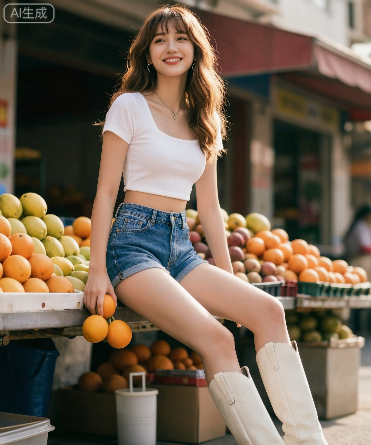场景与氛围： 充满烟火气的老街水果摊前,背景是色彩斑斓的水果堆和模糊的红色雨棚,光线是温暖的午后阳光。
人物与身材： 20岁的时尚女孩正在挑选橙子。她留着蜂蜜色的长卷发和空气刘海。镜头从腰部以下的低角度向上仰拍,不仅拍到了她甜美的笑容,更突出了她九头身的超模骨架,修长的大腿在日常背景下显得格外吸睛。
穿搭细节： 甜辣混搭：上身是一件修身的方领白色短T恤,露出蚂蚁腰；下身是一条复古蓝的高腰牛仔热裤,搭配白色的中筒西部靴（Cowboy Boots）,硬朗的靴型衬托得腿部线条更加纤细修长。
视觉重点： 高级时尚身材与接地气背景的强烈反差,突出“行走的衣架子”属性。