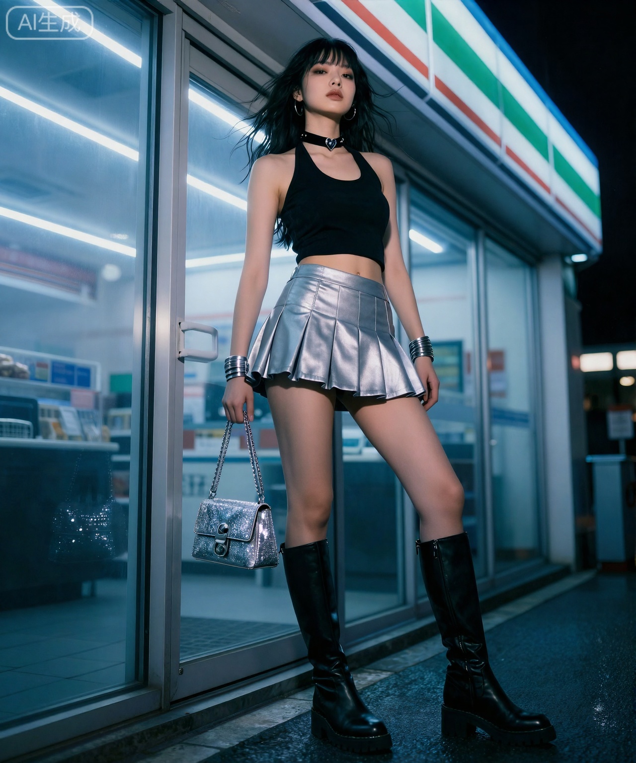 场景与氛围： 夜晚灯火通明的便利店门口,蓝白色的霓虹灯光映照在湿润的地面上,充满赛博朋克的烟火气。
人物与身材： 20岁的酷女孩靠在便利店的玻璃窗上。栗色长卷发和空气刘海被夜风吹乱。低角度仰拍视角下,她九头身的超模比例极具压迫感,一双笔直的大长腿仿佛占据了整个画面。
穿搭细节：
服装： 上身是黑色的挂脖短背心,下身是银灰色的高腰百褶超短裙,搭配黑色的及膝骑士靴。
首饰： 脖子上戴着一条黑色的丝绒Choker项圈,中间有一颗银色爱心；手腕上叠戴着银色的金属手镯。
包包： 斜挎着一个银色的亮面链条迷你包（Mini Bag）,在夜色中闪闪发光,增加了整体的潮流感。