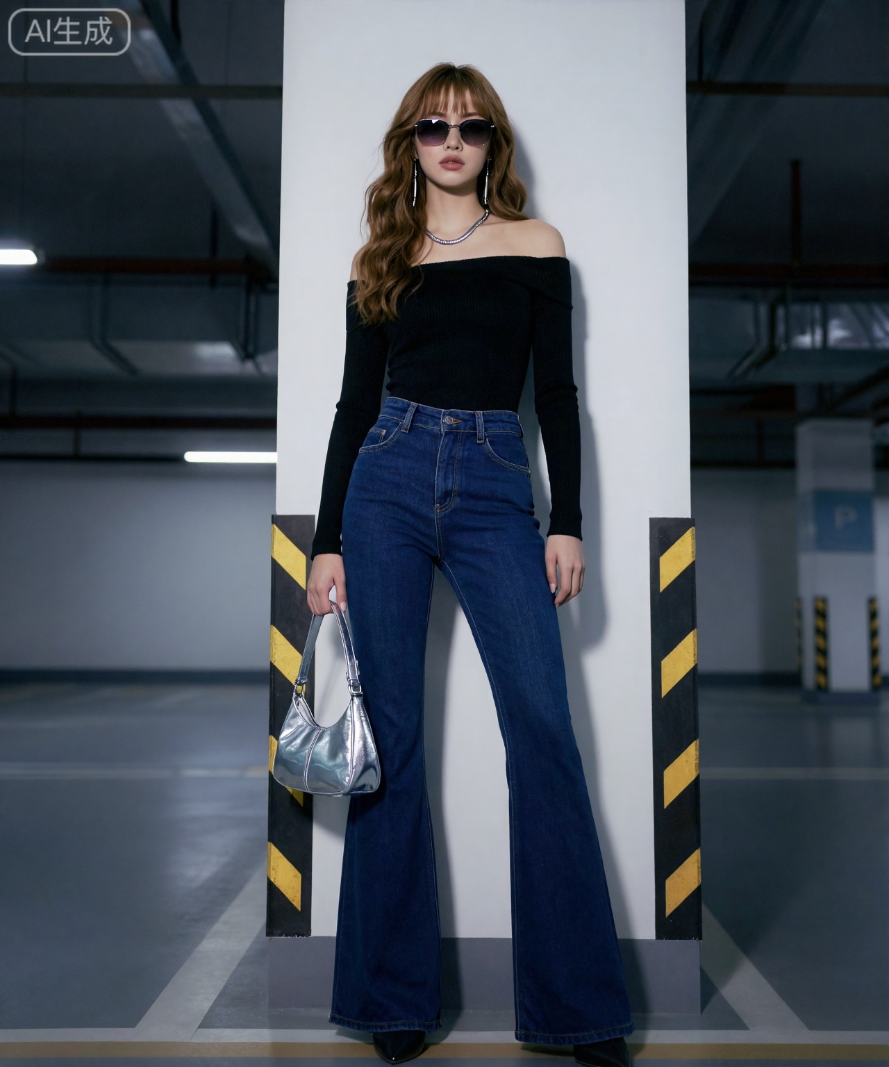 场景与氛围： 空旷的地下停车场,背景是黄黑相间的警示柱和水泥墙,冷白色的灯光营造出清冷的高级感。
人物与身材： 20岁的时尚女孩倚靠在柱子旁。她留着蜂蜜色长波浪卷发,空气刘海随性。广角低角度仰拍下,她九头身的超模骨架极具压迫感,一双逆天长腿在喇叭裤的修饰下仿佛有两米长。
穿搭细节：
服装： 上身是一件修身的黑色一字肩针织衫,露出直角肩；下身搭配高腰的深蓝色微喇牛仔长裤,裤脚盖住鞋面。
首饰： 脖子上叠戴着银色的蛇骨链；耳朵上是流苏状的银色长耳环；鼻梁上架着无框透明墨镜。
包包： 手里拎着一个银色的亮面腋下包,充满未来感