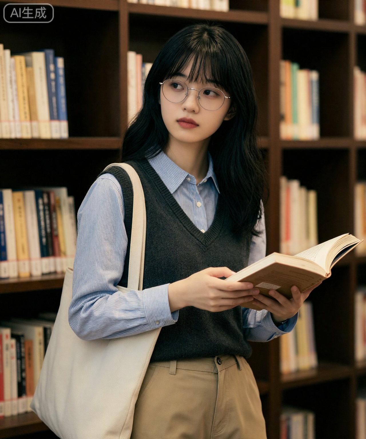 视角与构图： 视线平行的中景抓拍,背景是整齐排列的深木色书架,具有浓郁的文艺气息。
人物与动作： 一位知性时髦的20岁中国女孩,黑色的长波浪卷发柔顺亮泽,空气刘海修饰脸型,鼻梁上架着一副细银框眼镜。她正站在书架前翻阅一本书,似乎察觉到镜头,微微转头看向侧方,神情专注而温柔。
穿搭细节： 采用经典的叠穿法：内搭一件浅蓝色的条纹衬衫,外搭一件深灰色的V领针织马甲（无标）,下身搭配卡其色的棉质休闲裤（仅露出腰部）。肩上挂着一个米白色的帆布托特包。
光影与氛围： 室内温暖的阅读灯光,营造出安静、知性且富有质感的生活氛围。