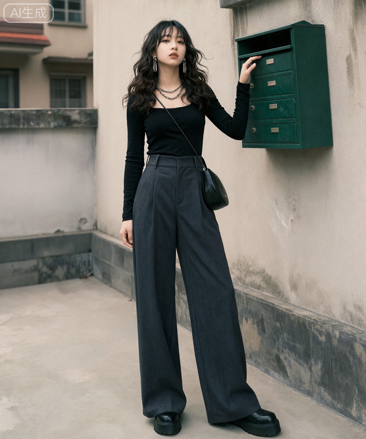 场景与氛围： 小区楼下的水泥空地,背景是带有岁月感的灰墙和一排绿色的信箱,光线是阴天的柔和散射光。
人物与身材： 20岁的气质女孩正靠在信箱旁。她留着黑茶色的长卷发,空气刘海被风微微吹乱。广角低角度仰拍下,她黄金比例的骨架极具压迫感,一双逆天的大长腿在阔腿裤的修饰下仿佛有1米2长。
穿搭细节：
服装： 上身是一件修身的黑色方领长袖打底衫,下身搭配深灰色的高腰西装拖地裤,裤型垂坠感极佳；脚下藏着一双厚底大头皮鞋。
首饰： 耳朵上戴着银色的金属流苏耳环；脖子上叠戴着两条长短不一的银链子。
包包： 腋下夹着一只黑色的极简半月包（皮革材质）,增加了整体的干练感。