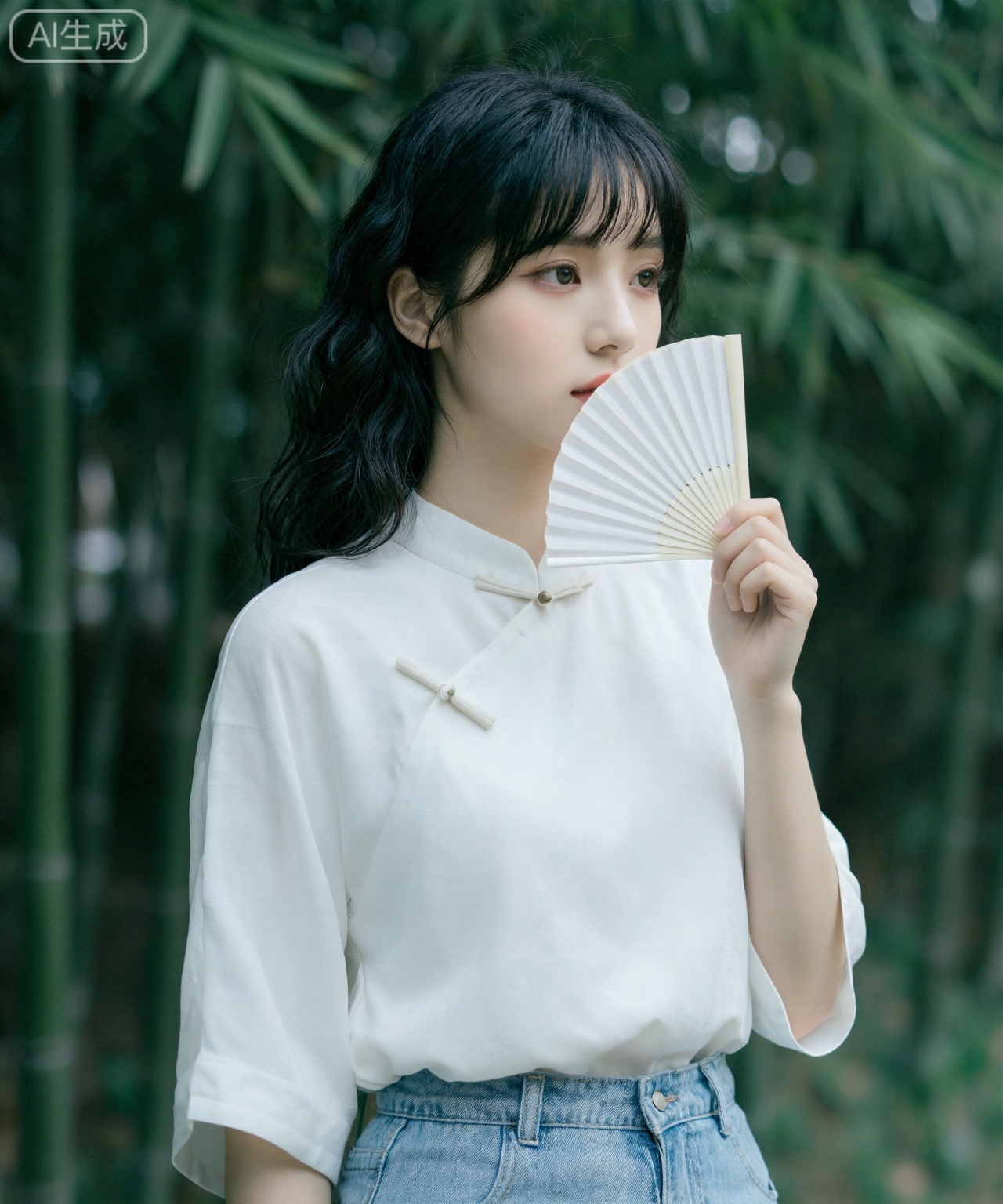 视角与构图： 极具东方美学的半身肖像,背景是大光圈虚化的翠绿竹林,光斑细碎。
人物与动作： 一位20岁的中国女孩,面容清秀温婉,极具东方韵味。她留着黑色的长波浪卷发,空气刘海修剪得轻盈灵动。她侧身站立,微微回眸,眼神如水般清澈,手中轻握一把素面的白色折扇,挡在下巴处,增添一丝神秘感。
穿搭细节： 上身是一件改良版的白色提花国风上衣（新中式风格）,采用斜襟盘扣设计,面料带有隐约的祥云暗纹；下身（隐约可见）搭配一条浅蓝色的水洗牛仔半身裙,将传统与现代完美混搭。
光影与氛围： 柔和的散射光,色调偏向清冷的青绿色与白色,营造出“清冷白月光”的高级感。