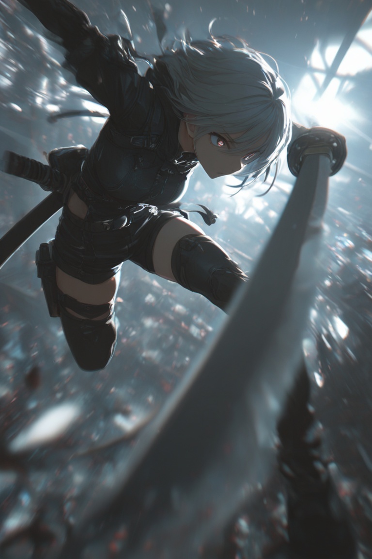 1girl,  dynamic pose,  katana in the foreground on Tensor.Art