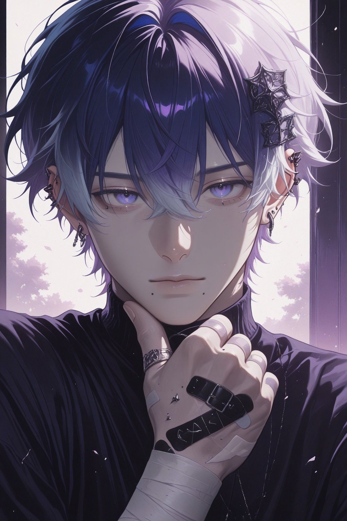 solo looking at viewer short hair blue eyes hair ornament 1boy hair between eyes jewelry closed mouth blue hair purple eye...