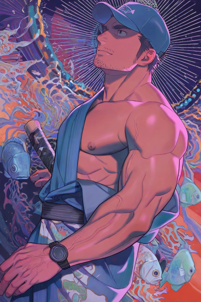 stubble,  baseball cap,  open kimono on Tensor.Art