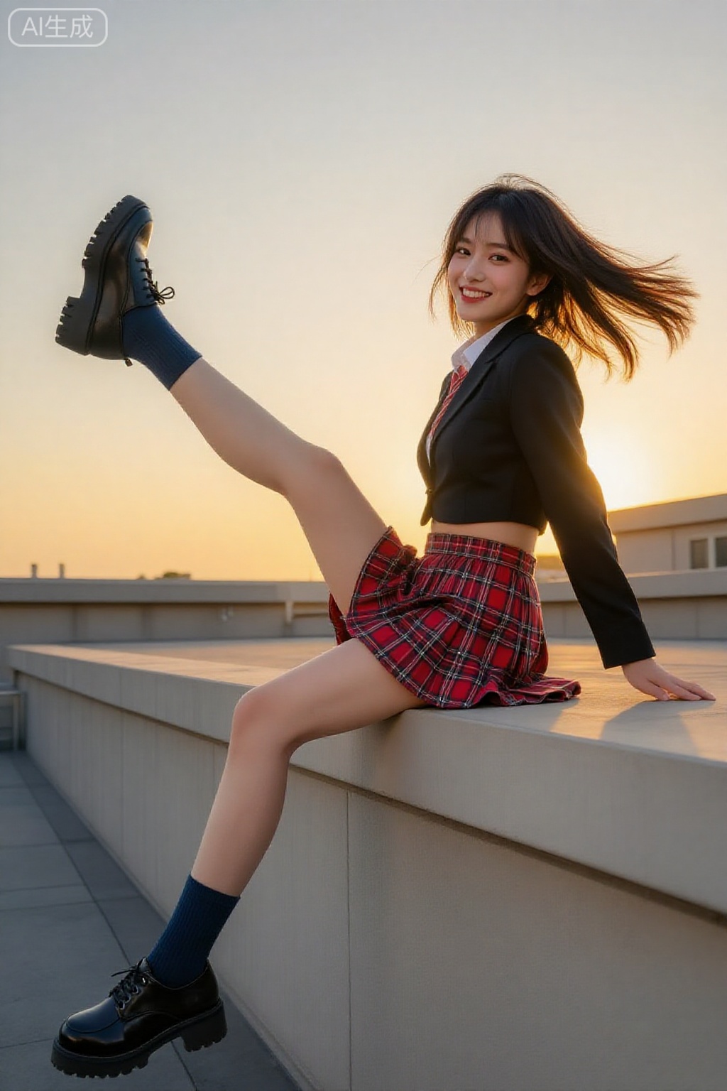 一位又甜又辣的JK女友,坐着,牛仔式上半身构图,坐在学校天台的边缘。她身穿一件黑色短款西装式JK上衣和红色格纹短裙,脚上一双厚底松糕皮鞋,带着一丝原宿风。她双腿悬空在外,俏皮地前后摆动,尽情展示穿着中袜和皮鞋的纤长双腿。夕阳的金色逆光为她勾勒出轮廓,她回头对着镜头露出一个自信又灿烂的笑容,又甜又飒。

**镜头参数：** 抖音流行广角镜头,等效35mm焦距,f/2.2光圈。利用广角轻微拉长腿部线条,同时捕捉壮丽的夕阳背景。使用反光板为面部补光。ISO 200,快门速度1/500s。

**画质与风格：** 画面色彩鲜艳,充满活力与动感。突出表现逆光的发丝、制服的细节和青春洋溢的笑容。风格是流行的“辣妹”风,视觉冲击力强。