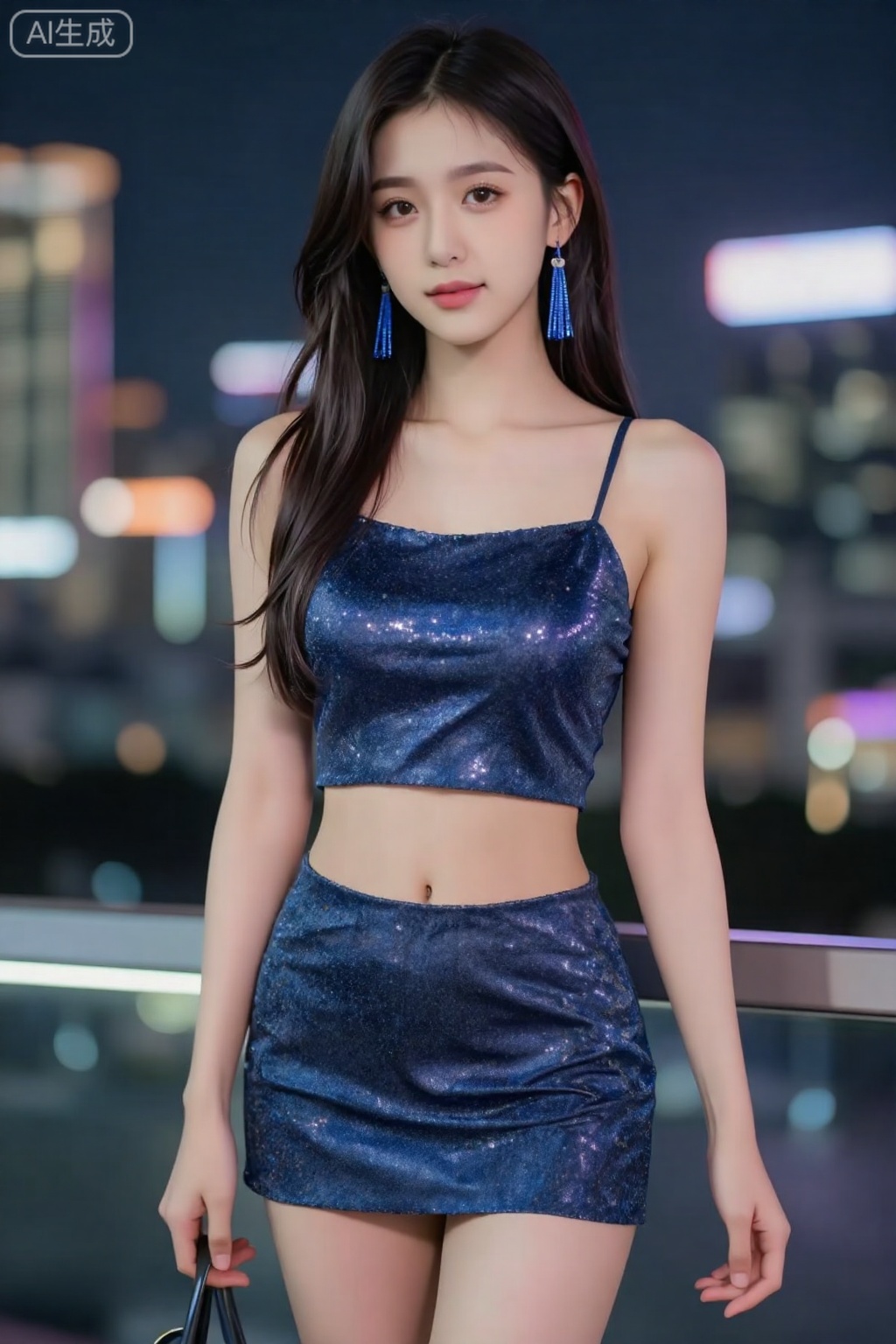 真人美女真实摄影照片,极具视觉冲击力精致壁纸风,完美女友星空蓝亮片小礼服,短款露腰设计搭配同色系流苏耳环,完美身材（马甲线清晰,修长双腿）,8K 分辨率,尼康Z7 II 相机,70mm F1.4 镜头,ISO 200,快门速度1/125s,光圈F1.4,夜景露台场景,城市霓虹灯光作为背景,亮片在灯光下折射出七彩光泽,皮肤细腻有通透感,镜头对焦精准