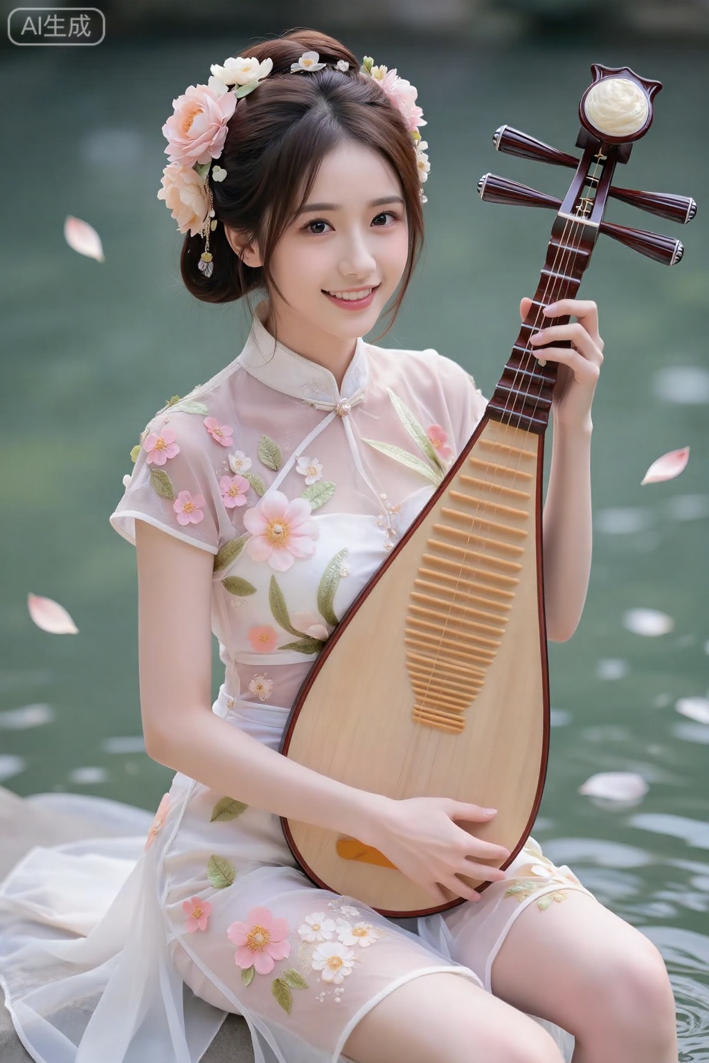 ,美颜,皮肤雪白细腻质感水润光滑年轻,去AI 感,职业微笑,,（（巨大的胸部））,看着镜头,
画面中的女性身姿曼妙,身体装饰着娇艳花朵,风格清新甜美,,植物衣服。光线为侧光,她穿着白纱透明旗袍,勾勒出人物与花朵的轮廓,增添立体感。她抱着琵琶弹奏乐器,歪坐在清澈的小溪旁,渲染精致,让每一片花瓣和发丝都栩栩如生。视角为斜侧45 度。摄影参数：快门速度1/125 秒,保证画面稳定,焦距适中突出主体。,阿里美人
