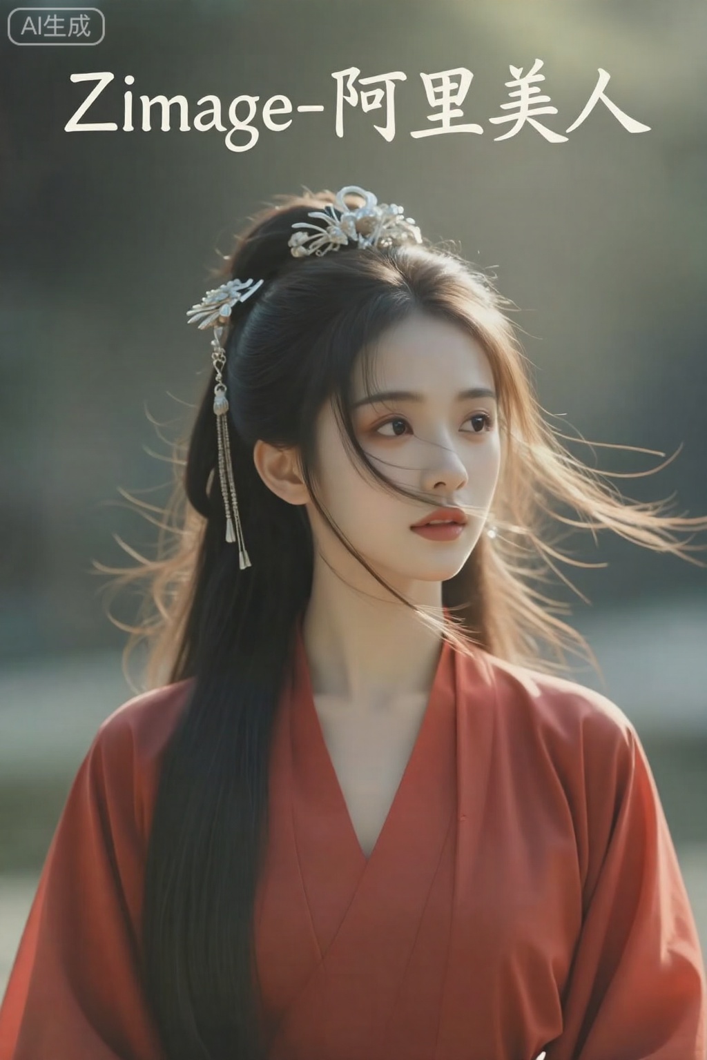 一个电影级别的照片,一个女孩,长发,她的脸颊两侧的短发被微风吹,半身照,阳光照在脸上,穿着红色连衣裙,头上戴着银发簪花,银发饰物,独特的民族汉服,朦胧的艺术感,富士风格滤镜,电影效果,半身照片,真实照片,, 图片上部用白色行书书法手写字"ZImage-阿里美人"。

,,阿里美人
