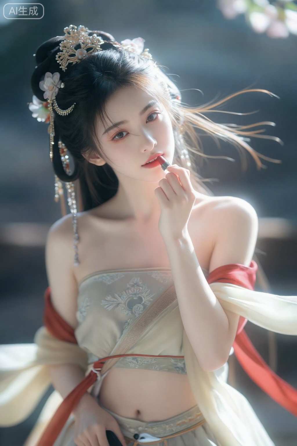 meinvzi,美颜,皮肤质感水润光滑年轻,去AI 感,轻松愉悦表情,看着镜头,
可爱女学生,真人,皮肤雪白雪白俏皮可爱的动作,慵懒。另一只手拿着的口红在给自己涂口红,一只手拿着小镜子红色丝带飘扬. 对焦模糊,强侧光,高曝,过曝,暗调,伦勃朗光,中式花妖,古典美人,以桃花为鬓,长发,云鬓,情绪氛围感拉满,胶片颗粒感,慢快门,朦胧美学, 服饰材质柔软,飘逸,神性,楚辞神女,流苏发饰,步摇,衣袂飘飘,披帛,头饰,黄金比例的五官,明艳五官秀发飞扬飘舞、身着盛装的女生,抓拍她曼妙的全身姿态,尽显动态美学。画面存在失焦的残影,斑驳光影和隐约场景暗朦光朦地交织,部分区域过曝, 扎着双马尾,吊着各种发饰,高贵冷艳,古代刁蛮大小姐,公主切发型,马尾上面带着中式精致繁琐配饰,发簪,穿着中式无袖露肩上衣,衣服上有花纹勾画精致,非常潮流的搭配风格,逆光拍摄,柔和的光影勾勒人物轮廓,低角度仰拍构图,营造静谧松弛感。 ,日常快照风格,自然柔和光线。可爱的表情,鬓角发丝凌乱自然垂落,随机动态视角,摆pose。 人像摄影,日常快照风格,美女,精致发饰,锁骨很好看,肚脐,微距镜头,超细节,冷白匀净清透细腻的皮肤,完美身材,半身镜头,,阿里美人