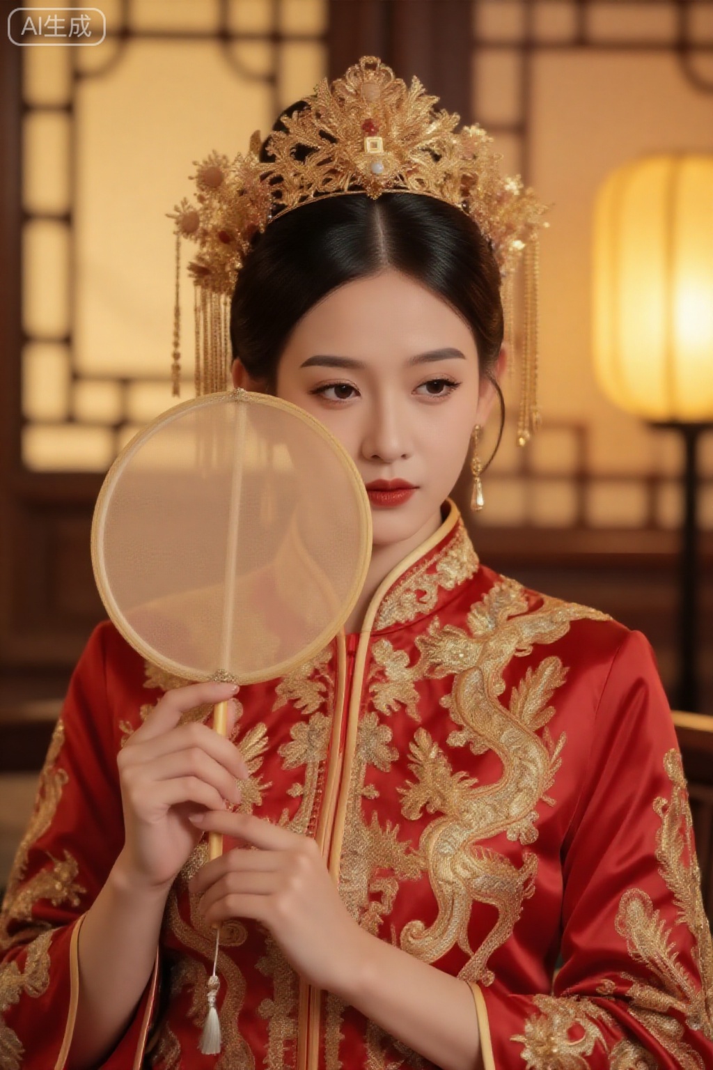 xinjiang,一位温婉的中式新娘,上半身,身着华丽的红色秀禾服。衣服上是繁复的金线龙凤刺绣,领口和袖口有精美的镶边。她头戴金色的传统凤冠,妆容精致,红唇凸显气色,眉眼柔和。她手持一把团扇,半遮面庞,眼神低垂,流露出羞涩与娴静的气质。背景是虚化的中式木质窗棂和温暖的灯笼光晕。

**摄影参数：** 环境人像,使用索尼FE 50mm f/1.8 镜头拍摄,f/2.8 光圈。主要利用场景中的灯笼和窗户提供的温暖持续光,营造温馨氛围。使用反光板为面部阴影补光。ISO 640,快门速度1/100s。

**画质与细节：** 画面温暖,色彩浓郁。清晰表现金线刺绣的立体感、红色丝绸的纹理、金属凤冠的沉重质感以及团扇的纱制通透感。光线柔和,阴影自然,完美复现中式婚礼的喜庆与庄重,毫无虚假的AI渲染痕迹。,千问佳人