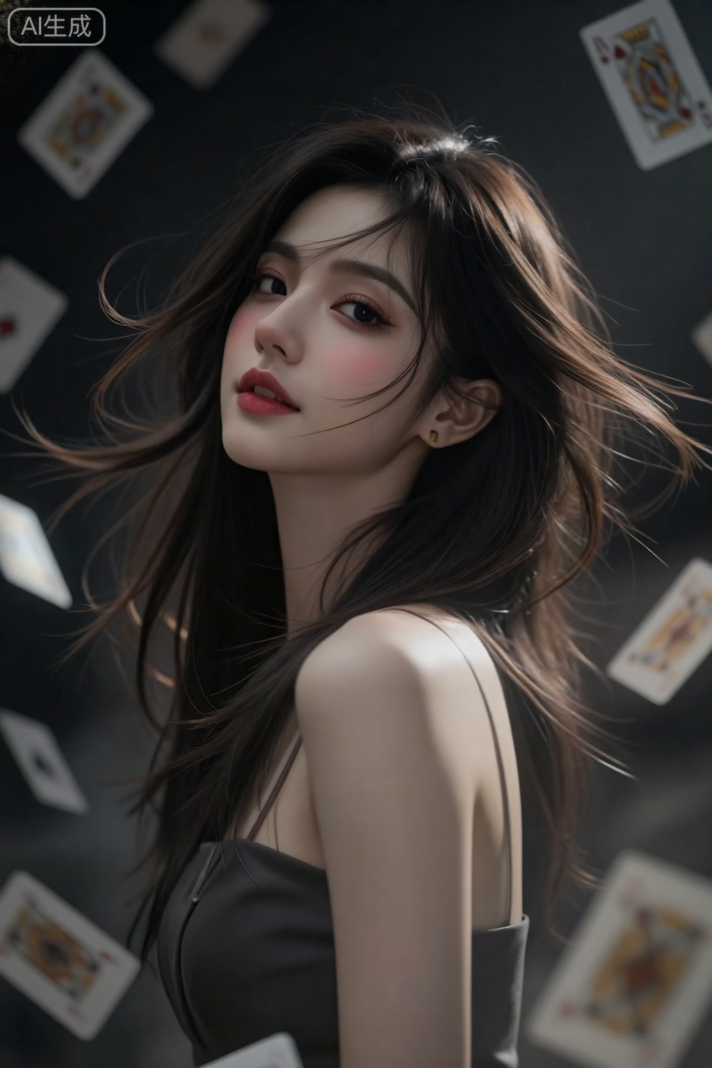 ,一个灵动纯美的女生,超高颜值,皮肤白皙通透,眼神深邃沉静,盯着镜头,神秘的微笑,身体自然伸展,少女半身,时尚美少女,高颜值美女,凸显女主角,曲线美,,戴着耳钉,病娇笑,发丝被风吹动,突出动态发丝的凌乱美。 漫天飞舞的洒金扑克牌（牌面是四种花色的A和K） 摄影风格： 真人cosplay,写实风格,人像摄影,情绪写意,前卫视觉艺术美学,电影美学,电影感,大片高级感,柔焦灰度美学,极简风,哑光质感,低饱和肌理质感,暗黑朦构图与细节： 上半身特写,极致细节,超细腻线条,大师级构图,大师级审美,大师杰作,光影动态,透视感,细节丰富画质与光线： 高分辨率,超清细节,画质清晰,高品质,丰富光线,光线,柔和色调,专业打光超高清,超细腻的画面细节,真实的皮肤纹理,究极细节,细节丰富,宁静优雅,氛围感,超级详细,高度细节,注重细节,明暗对比,究极细节,大师级光影,层次感,极致的光线,白白净净肌肤,丁达尔效应,明亮的光线,,细长的柳眉,一双眼睛流盼妩媚,秀挺的瑶鼻,玉腮微微泛红,娇艳欲滴的唇,HDR写实质感,不合逻辑,珠光,反光,暗夜,抽象,意识流,梦核,光线暗、能见度低,有噪点暗角。艺术感强。画面有辉光、耀光、雾感,融合惊悚与梦核元素,梦核美学,数字噪音与失真效果,从错误中寻找创意,对现有系统的颠覆与重塑,强烈的光影对比,仰镜头,强烈的对比色碰撞,惊艳,意识流,随机背景,柔和侧光渲染,写实,失真故障质感暗金色点缀,空间交错、电影镜头、(真实感: 1.5),柔和的色彩,（鱼眼: 1.1),全景航拍,微光,宿命感,华丽,曜变,仿佛命运的丝线正在被无情拉扯,充满了神秘而紧张的氛围。UE5渲染,电影级质感,胶片质感。。,阿里美人