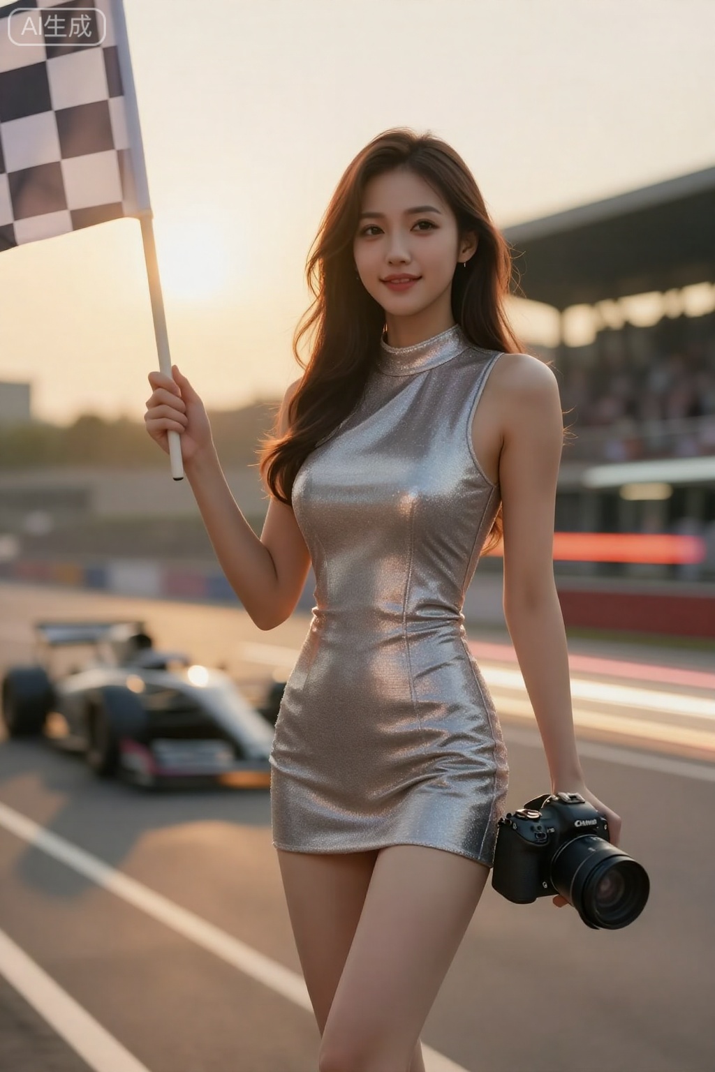 一位身材高挑匀称的美女,身着亮片修身赛车女郎服,手持方格旗。置身于F1赛道黄昏时分,暖金色夕阳斜照,背景是模糊的赛车光轨与观众看台。专业摄影,超高细节,皮肤纹理与服装光泽清晰可见。使用佳能EOS R5 相机,85mm f/1.2 镜头拍摄,焦外虚化如奶油般化开,营造电影感氛围。,阿里美人