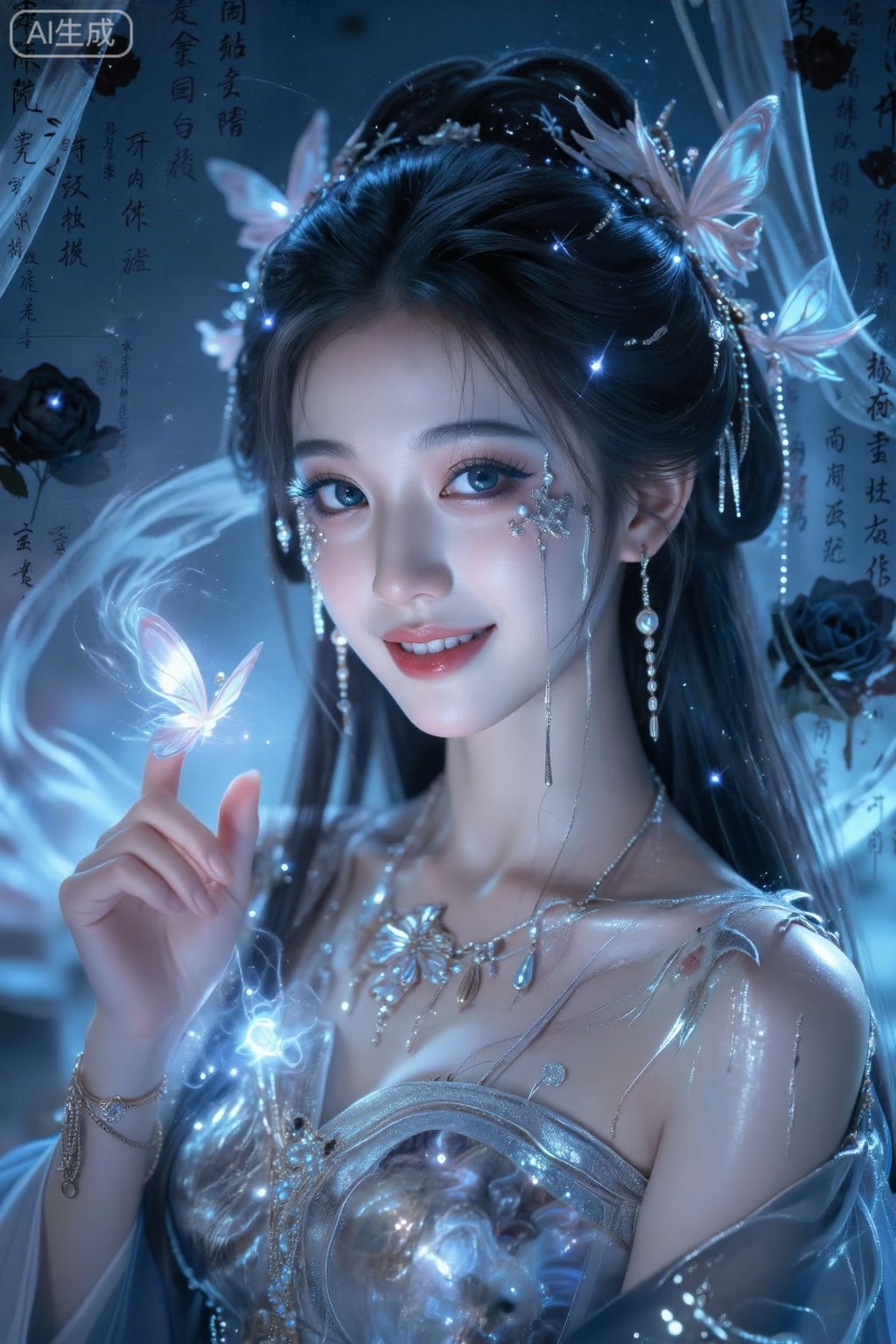 luoyu,美颜,皮肤质感水润光滑年轻,去AI 感,职业微笑,(（巨大的胸部,蜂腰）),看着镜头, 古装人像摄影,荧光粉蓝与银箔交织的褪色古银箔滤镜,悬浮的虚空漩涡中心,冷月般半透明肌肤的女性呈现松弛的毁灭姿态,液态珍珠泪痕滑过破碎陶瓷质感的颧骨,眼睛覆盖半透明蝶翼眼睑,眼尾渗出磷光微粉,睫毛落星光点,虚无长发融入暗光并在发梢幻化幽灵粒子蝶群,极致面部特写中可见冷焰流苏纹身在锁骨蜿蜒,永生花残瓣附着于诅咒珠宝光泽的肌理,破碎蝶翼悬浮颊侧折射虹膜漩涡,指尖轻触幻蝶引发弥散光雾,哥特式细腻釉彩描绘暗黑新艺术运动风格,幽冥光雾环绕的幽冥灵体,冷荧光与磨砂肌理形成明暗对冲,满屏高光粒子在非传统构图中闪烁,超广角透视拉伸虚空背景的波普艺术渐变,神性悲悯的浅笑凝固于水银调色,窒息级细节刻画液态珍珠与冷焰纹身的宿命感,大透视构图强化非人美感的宏大神性,纱帘,投影空间水墨矩阵,水墨风,大量层层叠加浮现的极小水墨草书中文汉字,书法汉字完全随机,形成全屏矩阵,景深汉字模糊效果,幽灵粒子般黑色蔷薇花,画面破碎,


,,阿里美人