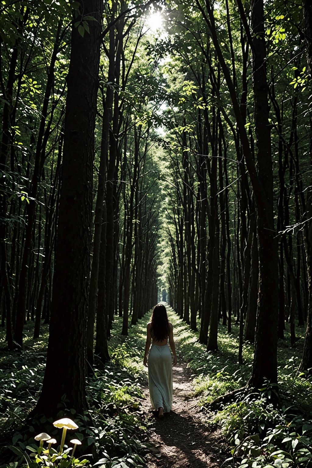Create a nighttime forest scene where the dense canopy casts deep shadows,  and the moonlight filters through,  creating a...