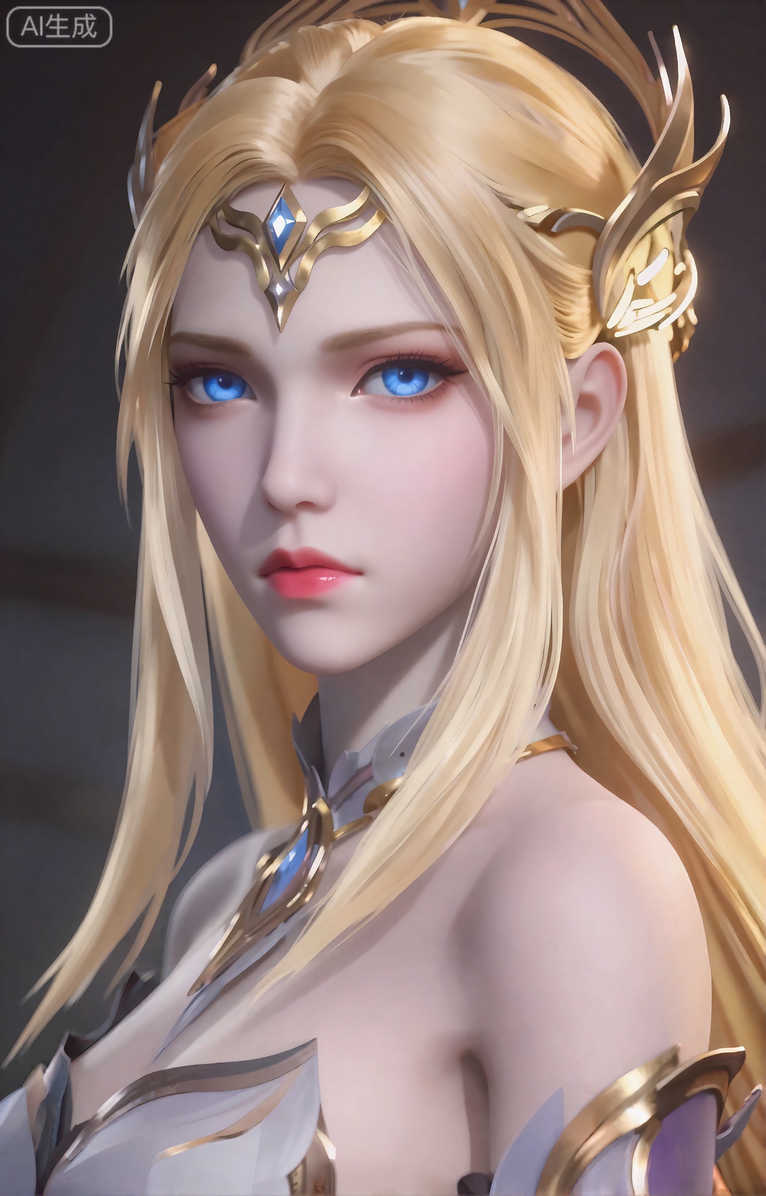 千仞雪,这个数字艺术作品描绘了一个美丽,空灵的女性角色,具有强烈的幻想美学。她有一头长长的、飘逸的金发,披在肩上,她的皮肤白皙,柔和,近乎发光。她的眼睛是醒目的蓝色,带着一种温柔的、几乎是忧郁的表情。她戴着一顶华丽的类似皇冠的金色头饰,上面装饰着复杂的图案和一颗中央宝石。她的五官精致而匀称,下巴略尖,嘴唇饱满,呈粉红色。