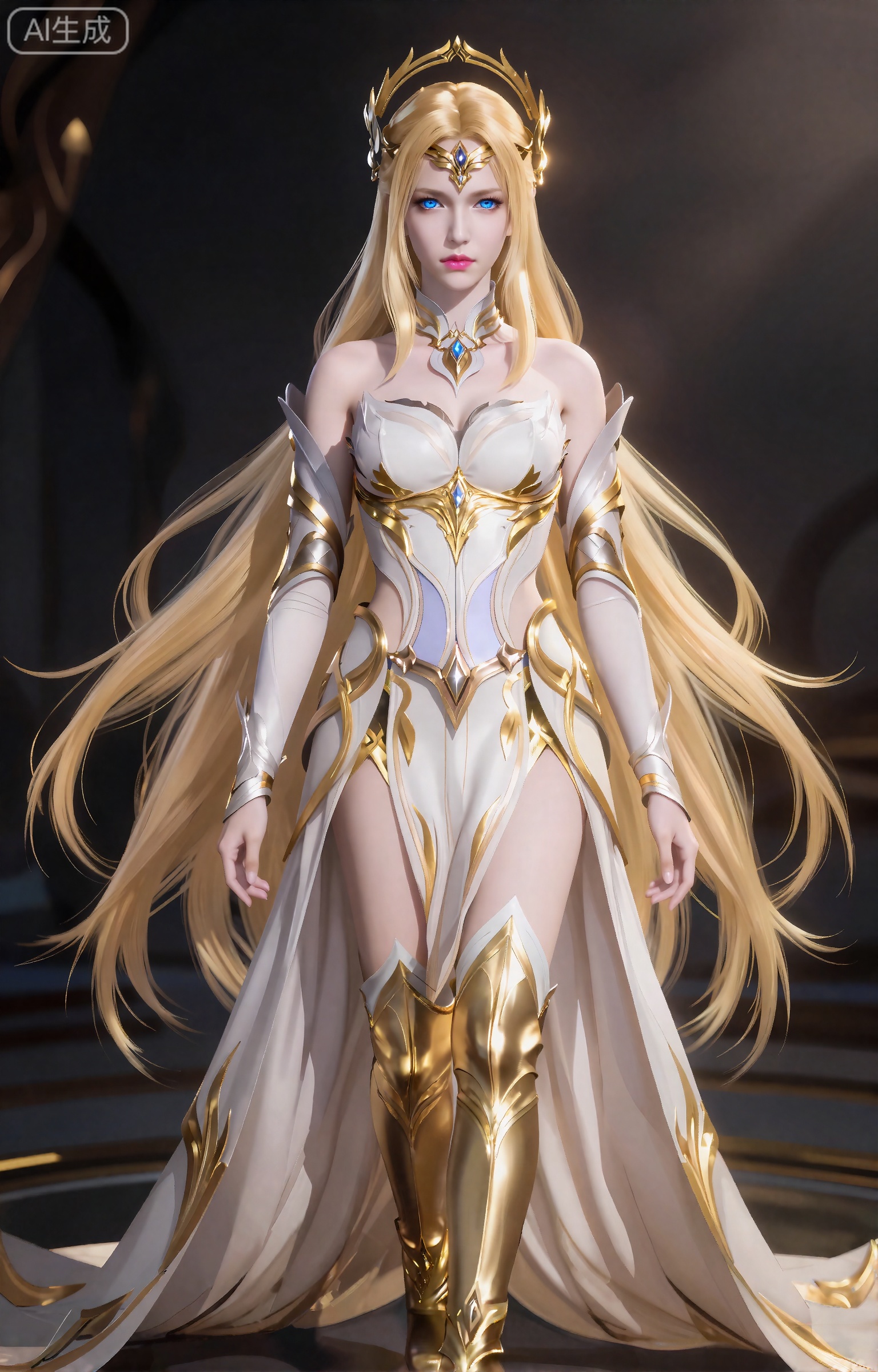 千仞雪,这个数字艺术作品描绘了一个美丽,空灵的女性角色,具有强烈的幻想美学。她有一头长长的、飘逸的金发,披在肩上,她的皮肤白皙,柔和,近乎发光。她的眼睛是醒目的蓝色,带着一种温柔的、几乎是忧郁的表情。她戴着一顶华丽的类似皇冠的金色头饰,上面装饰着复杂的图案和一颗中央宝石。她的五官精致而匀称,下巴略尖,嘴唇饱满,呈粉红色。
这个角色穿着一套合身的白色和金色盔甲,其中包括一件长长的飘逸斗篷。盔甲是华丽的,有金色的点缀和叶子状的图案,给它一种帝王和空灵的外观。这个角色有着长长的金色头发,披在背上,她穿着与盔甲相配的金色靴子。整体审美是优雅的和超凡脱俗的,在幻想的语境中暗示着一个高地位或重要的人物。