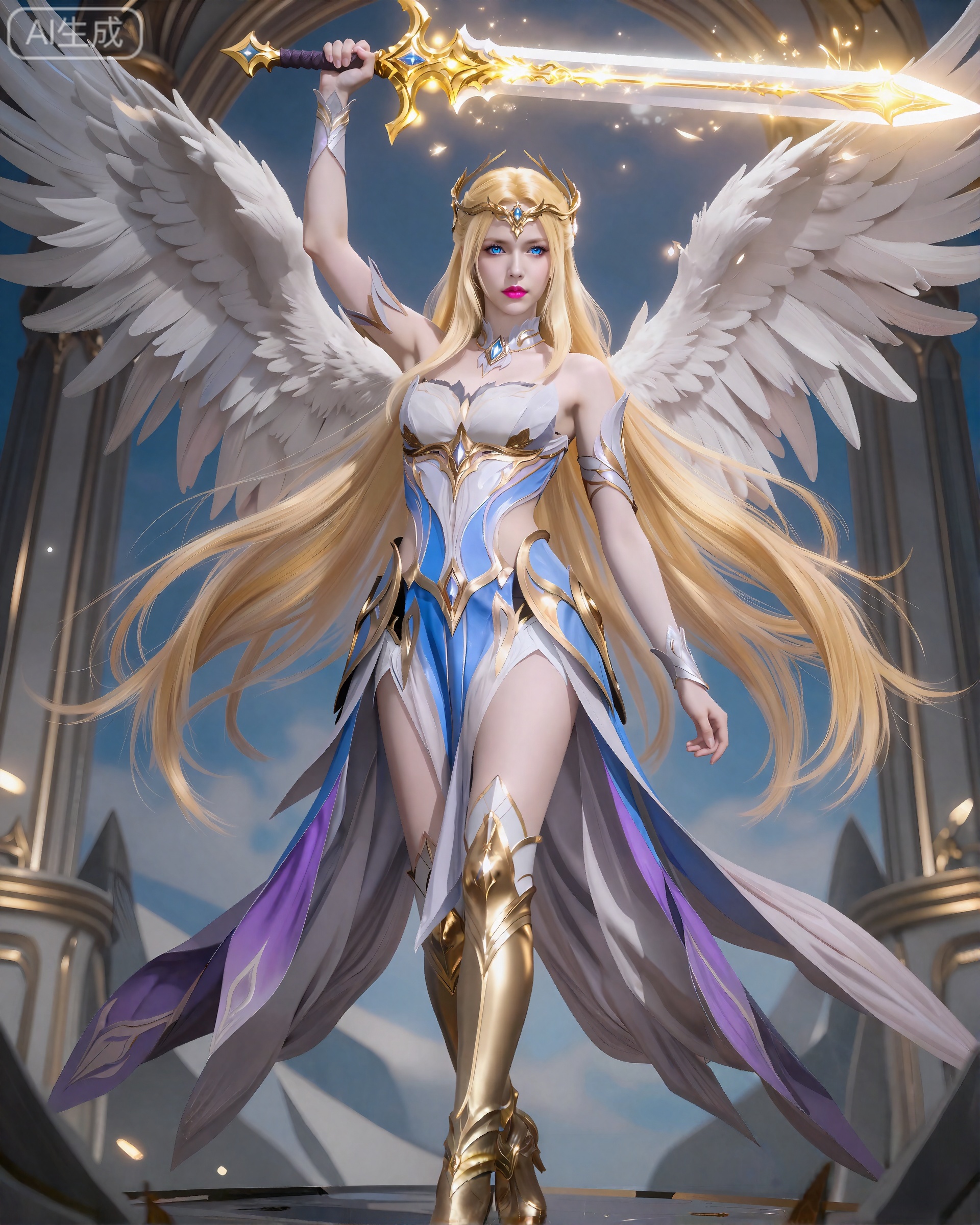 千仞雪,8K,最佳质量,最佳画质,这个数字艺术作品描绘了一个美丽,空灵的女性角色,具有强烈的幻想美学。她有一头长长的、飘逸的金发,披在肩上,她的皮肤白皙,柔和,近乎发光。她的眼睛是醒目的蓝色,带着一种温柔的、几乎是忧郁的表情。她戴着一顶华丽的类似皇冠的金色头饰,上面装饰着复杂的图案和一颗中央宝石。她的五官精致而匀称,下巴略尖,嘴唇饱满,呈粉红色。
她身着一条华丽的裙子,裙摆交织着蓝、紫、白三色,轻盈飘逸,裸露的肩膀更添一份柔美,脚踏金色战靴,姿态英姿飒爽。她站立在破碎的天使神殿之中,高高举起一把闪耀着金色光芒的天使神剑,整体画面充满神秘与力量之美,令人陶醉其中。