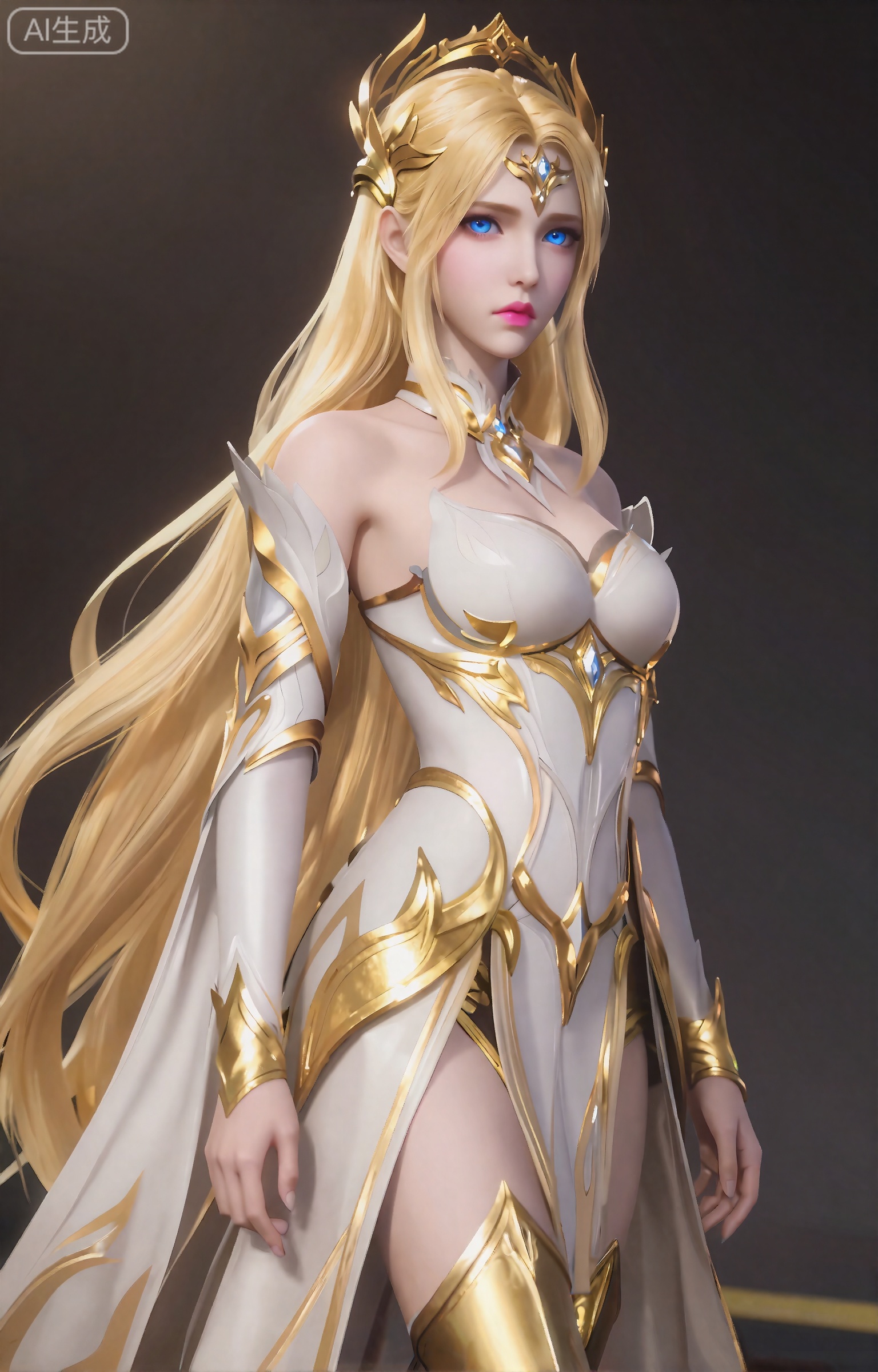 千仞雪,这个数字艺术作品描绘了一个美丽,空灵的女性角色,具有强烈的幻想美学。她有一头长长的、飘逸的金发,披在肩上,她的皮肤白皙,柔和,近乎发光。她的眼睛是醒目的蓝色,带着一种温柔的、几乎是忧郁的表情。她戴着一顶华丽的类似皇冠的金色头饰,上面装饰着复杂的图案和一颗中央宝石。她的五官精致而匀称,下巴略尖,嘴唇饱满,呈粉红色。
这个角色穿着一套合身的白色和金色盔甲,其中包括一件长长的飘逸斗篷。盔甲是华丽的,有金色的点缀和叶子状的图案,给它一种帝王和空灵的外观。这个角色有着长长的金色头发,披在背上,她穿着与盔甲相配的金色靴子。整体审美是优雅的和超凡脱俗的,在幻想的语境中暗示着一个高地位或重要的人物。
