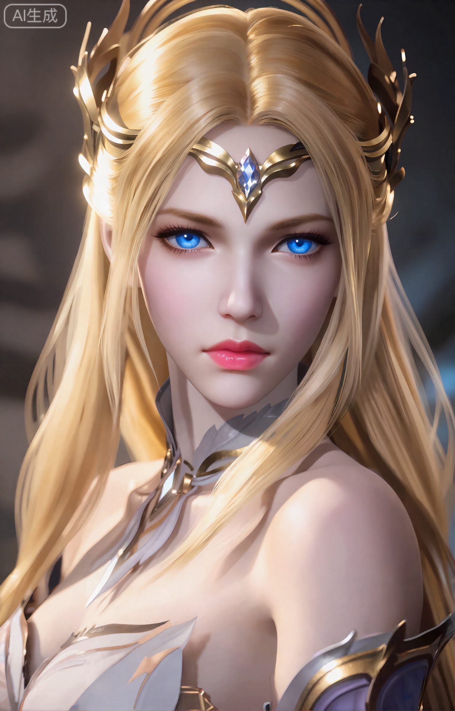 千仞雪,这个数字艺术作品描绘了一个美丽,空灵的女性角色,具有强烈的幻想美学。她有一头长长的、飘逸的金发,披在肩上,她的皮肤白皙,柔和,近乎发光。她的眼睛是醒目的蓝色,带着一种温柔的、几乎是忧郁的表情。她戴着一顶华丽的类似皇冠的金色头饰,上面装饰着复杂的图案和一颗中央宝石。她的五官精致而匀称,下巴略尖,嘴唇饱满,呈粉红色。