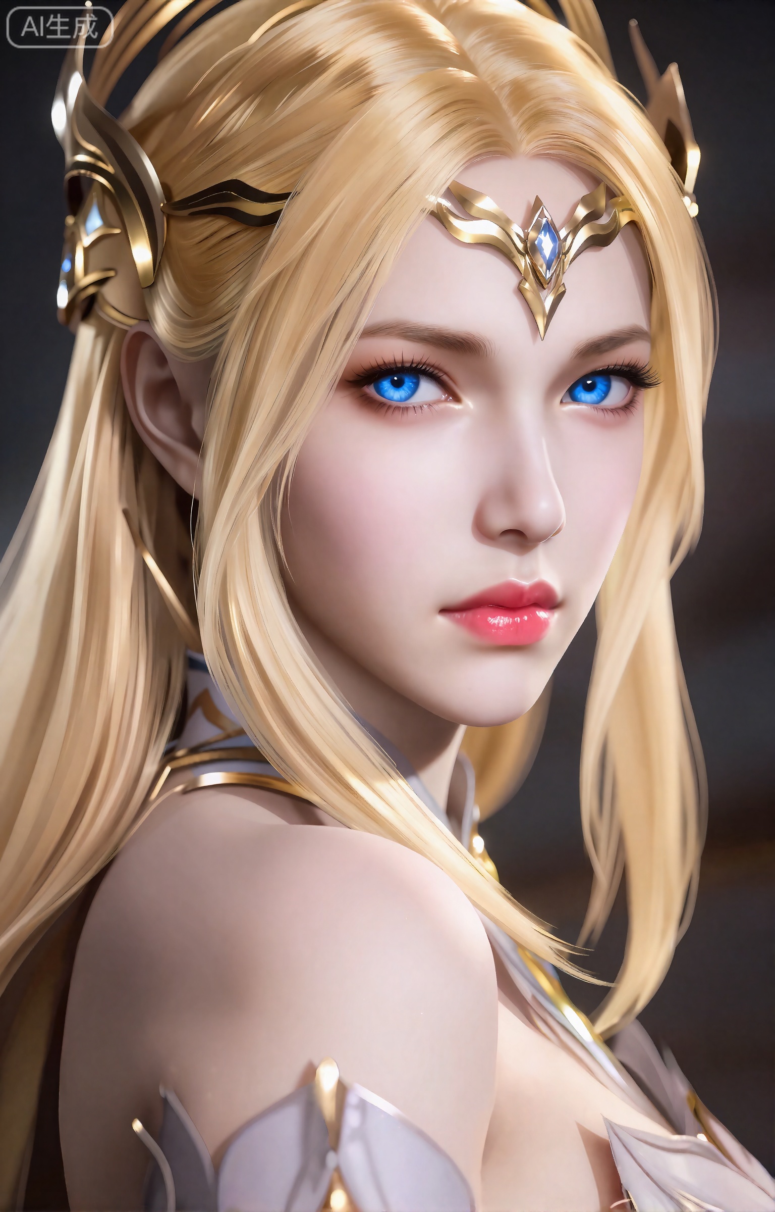 千仞雪,这个数字艺术作品描绘了一个美丽,空灵的女性角色,具有强烈的幻想美学。她有一头长长的、飘逸的金发,披在肩上,她的皮肤白皙,柔和,近乎发光。她的眼睛是醒目的蓝色,带着一种温柔的、几乎是忧郁的表情。她戴着一顶华丽的类似皇冠的金色头饰,上面装饰着复杂的图案和一颗中央宝石。她的五官精致而匀称,下巴略尖,嘴唇饱满,呈粉红色。