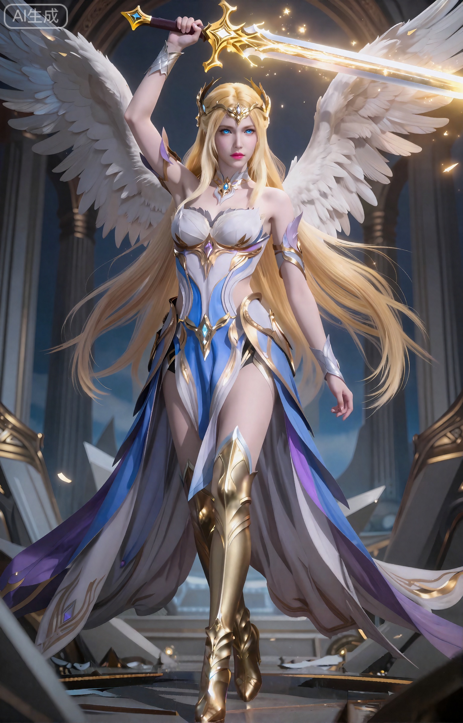 千仞雪,8K,最佳质量,最佳画质,这个数字艺术作品描绘了一个美丽,空灵的女性角色,具有强烈的幻想美学。她有一头长长的、飘逸的金发,披在肩上,她的皮肤白皙,柔和,近乎发光。她的眼睛是醒目的蓝色,带着一种温柔的、几乎是忧郁的表情。她戴着一顶华丽的类似皇冠的金色头饰,上面装饰着复杂的图案和一颗中央宝石。她的五官精致而匀称,下巴略尖,嘴唇饱满,呈粉红色。
她身着一条华丽的裙子,裙摆交织着蓝、紫、白三色,轻盈飘逸,裸露的肩膀更添一份柔美,脚踏金色战靴,姿态英姿飒爽。她站立在破碎的天使神殿之中,高高举起一把闪耀着金色光芒的天使神剑,整体画面充满神秘与力量之美,令人陶醉其中。