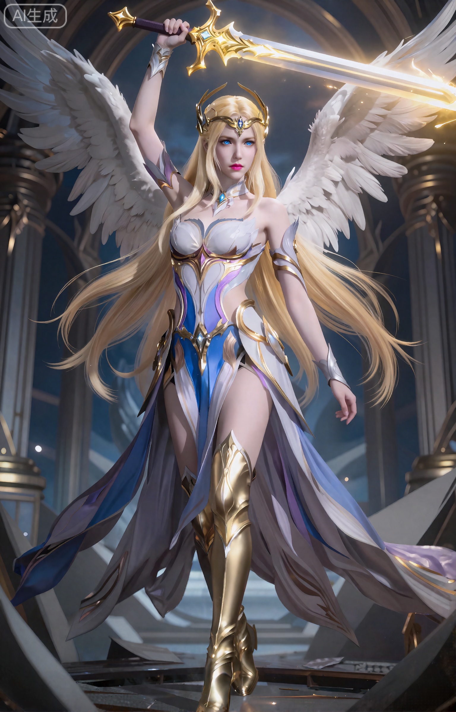 千仞雪,8K,最佳质量,最佳画质,这个数字艺术作品描绘了一个美丽,空灵的女性角色,具有强烈的幻想美学。她有一头长长的、飘逸的金发,披在肩上,她的皮肤白皙,柔和,近乎发光。她的眼睛是醒目的蓝色,带着一种温柔的、几乎是忧郁的表情。她戴着一顶华丽的类似皇冠的金色头饰,上面装饰着复杂的图案和一颗中央宝石。她的五官精致而匀称,下巴略尖,嘴唇饱满,呈粉红色。
她身着一条华丽的裙子,裙摆交织着蓝、紫、白三色,轻盈飘逸,裸露的肩膀更添一份柔美,脚踏金色战靴,姿态英姿飒爽。她站立在破碎的天使神殿之中,高高举起一把闪耀着金色光芒的天使神剑,整体画面充满神秘与力量之美,令人陶醉其中。