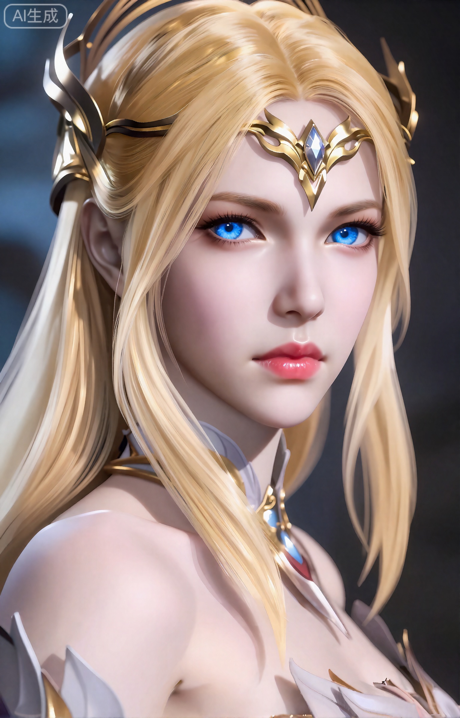 千仞雪,这个数字艺术作品描绘了一个美丽,空灵的女性角色,具有强烈的幻想美学。她有一头长长的、飘逸的金发,披在肩上,她的皮肤白皙,柔和,近乎发光。她的眼睛是醒目的蓝色,带着一种温柔的、几乎是忧郁的表情。她戴着一顶华丽的类似皇冠的金色头饰,上面装饰着复杂的图案和一颗中央宝石。她的五官精致而匀称,下巴略尖,嘴唇饱满,呈粉红色。