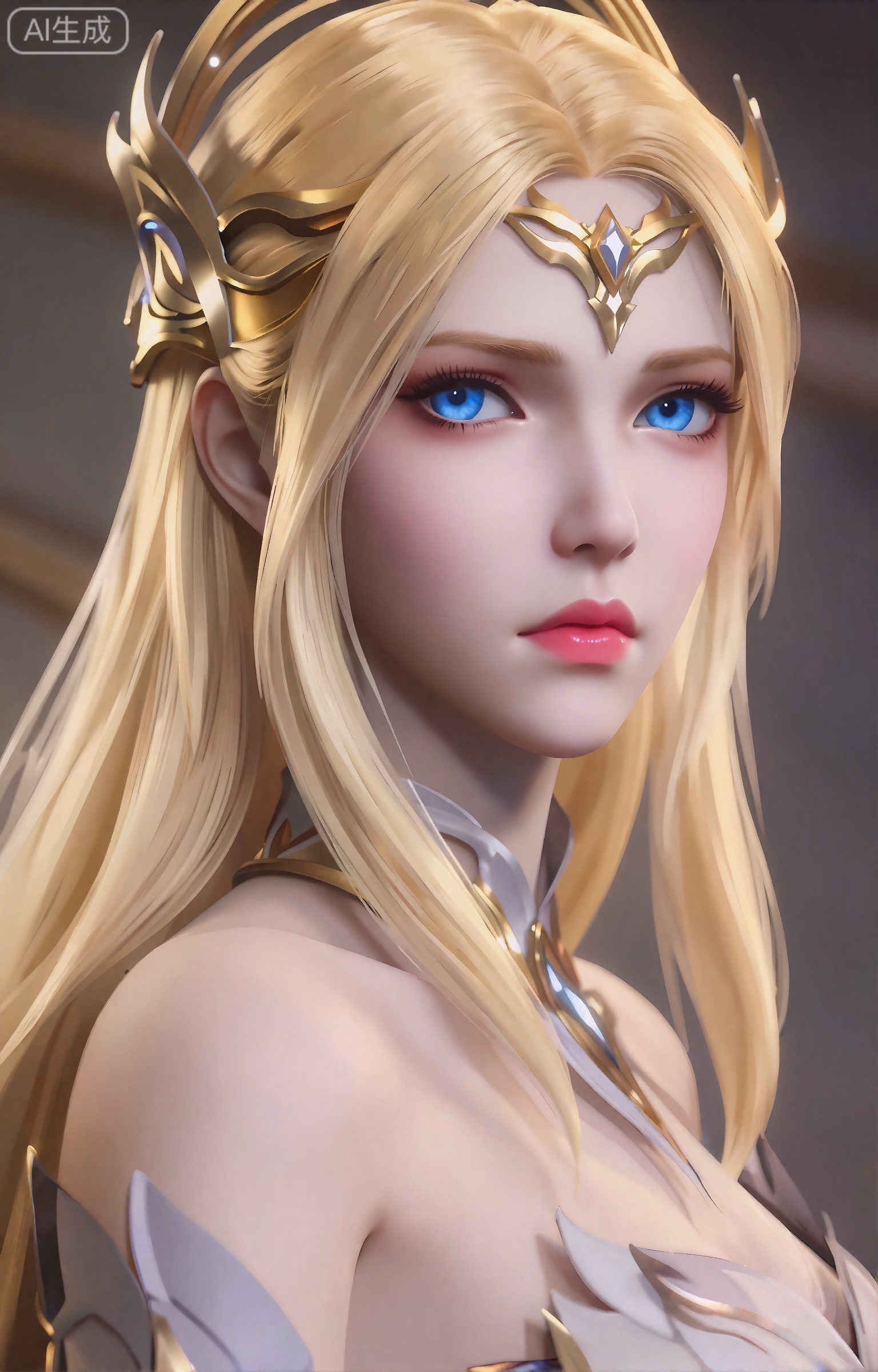 千仞雪,这个数字艺术作品描绘了一个美丽,空灵的女性角色,具有强烈的幻想美学。她有一头长长的、飘逸的金发,披在肩上,她的皮肤白皙,柔和,近乎发光。她的眼睛是醒目的蓝色,带着一种温柔的、几乎是忧郁的表情。她戴着一顶华丽的类似皇冠的金色头饰,上面装饰着复杂的图案和一颗中央宝石。她的五官精致而匀称,下巴略尖,嘴唇饱满,呈粉红色。