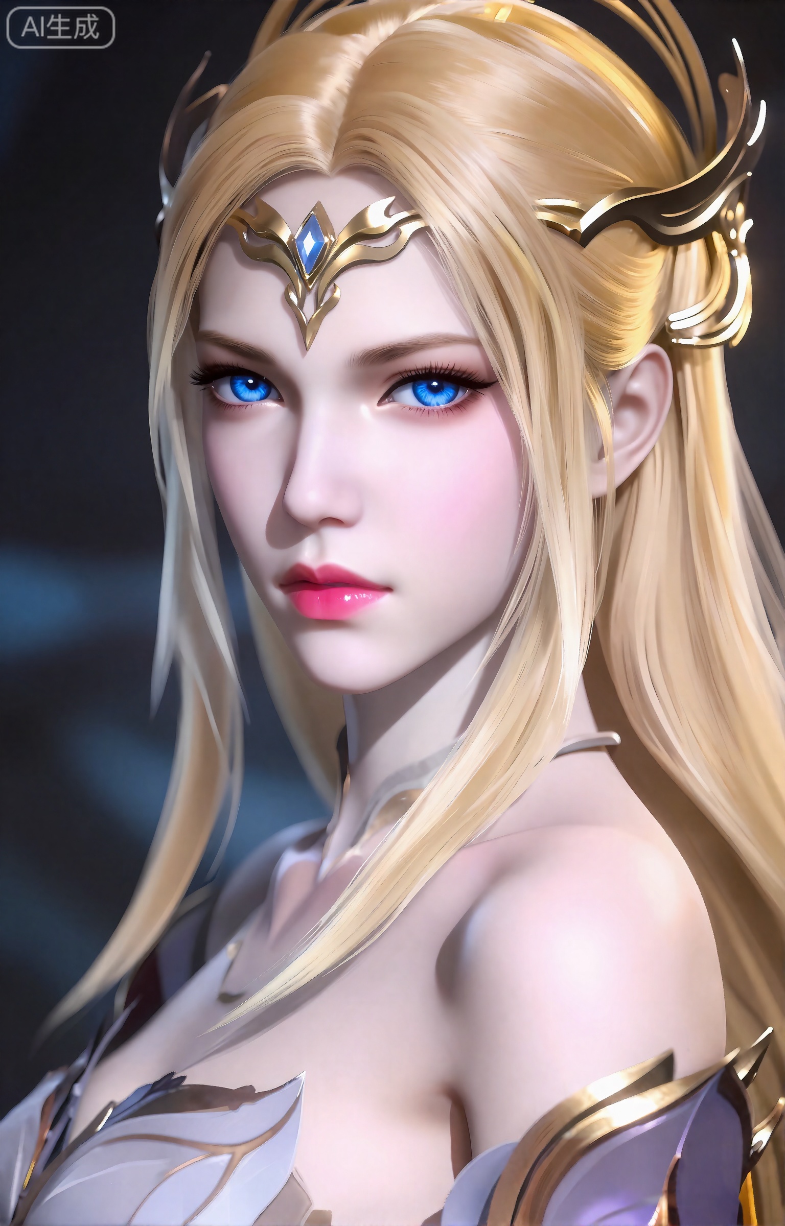 千仞雪,这个数字艺术作品描绘了一个美丽,空灵的女性角色,具有强烈的幻想美学。她有一头长长的、飘逸的金发,披在肩上,她的皮肤白皙,柔和,近乎发光。她的眼睛是醒目的蓝色,带着一种温柔的、几乎是忧郁的表情。她戴着一顶华丽的类似皇冠的金色头饰,上面装饰着复杂的图案和一颗中央宝石。她的五官精致而匀称,下巴略尖,嘴唇饱满,呈粉红色。