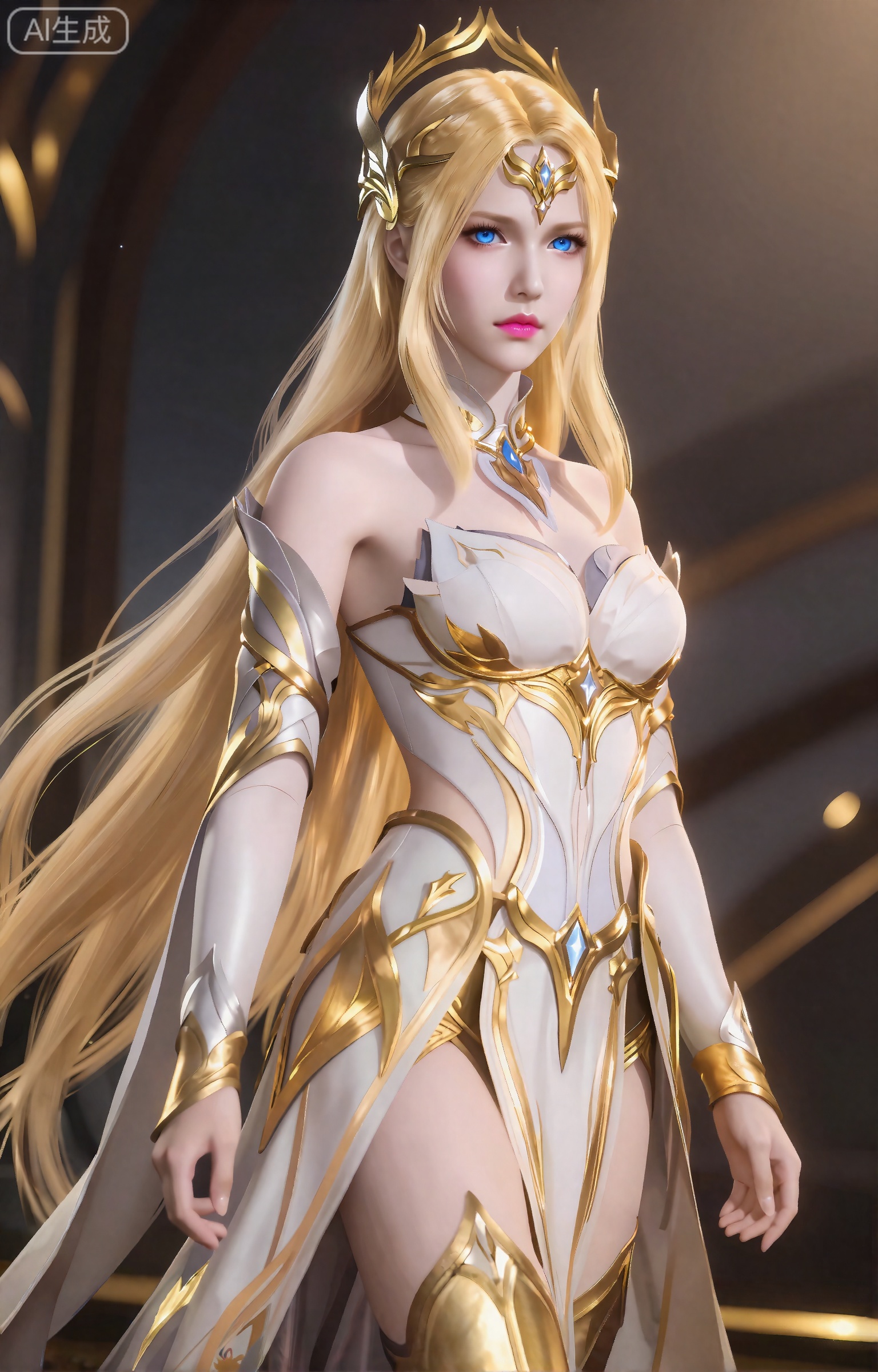千仞雪,这个数字艺术作品描绘了一个美丽,空灵的女性角色,具有强烈的幻想美学。她有一头长长的、飘逸的金发,披在肩上,她的皮肤白皙,柔和,近乎发光。她的眼睛是醒目的蓝色,带着一种温柔的、几乎是忧郁的表情。她戴着一顶华丽的类似皇冠的金色头饰,上面装饰着复杂的图案和一颗中央宝石。她的五官精致而匀称,下巴略尖,嘴唇饱满,呈粉红色。
这个角色穿着一套合身的白色和金色盔甲,其中包括一件长长的飘逸斗篷。盔甲是华丽的,有金色的点缀和叶子状的图案,给它一种帝王和空灵的外观。这个角色有着长长的金色头发,披在背上,她穿着与盔甲相配的金色靴子。整体审美是优雅的和超凡脱俗的,在幻想的语境中暗示着一个高地位或重要的人物。
