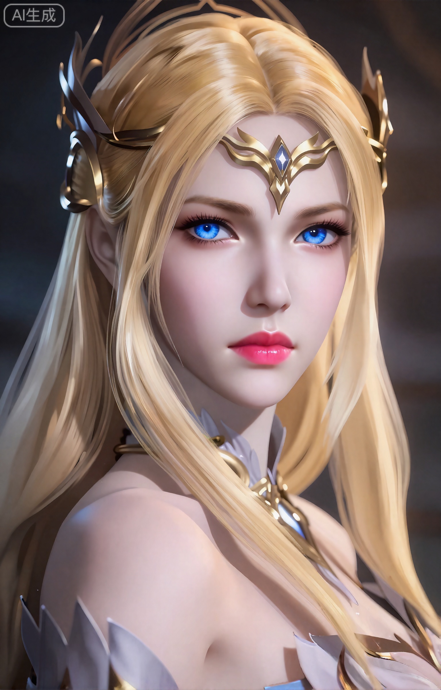 千仞雪,这个数字艺术作品描绘了一个美丽,空灵的女性角色,具有强烈的幻想美学。她有一头长长的、飘逸的金发,披在肩上,她的皮肤白皙,柔和,近乎发光。她的眼睛是醒目的蓝色,带着一种温柔的、几乎是忧郁的表情。她戴着一顶华丽的类似皇冠的金色头饰,上面装饰着复杂的图案和一颗中央宝石。她的五官精致而匀称,下巴略尖,嘴唇饱满,呈粉红色。