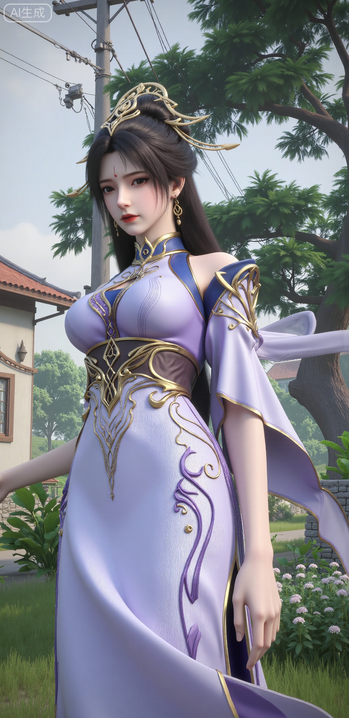 masterpiece,best quality,highly detailed,game_cg,absurdres,wallpaper, 1girl,dress,long_hair,black hair,close up,tree,flowers,utility pole,house,whmv,cxer_,gm_fhen,hfqh,GFlx,LX_HT,LX_DCTUI,Xzhongxiu,gmns,ngrx,pf