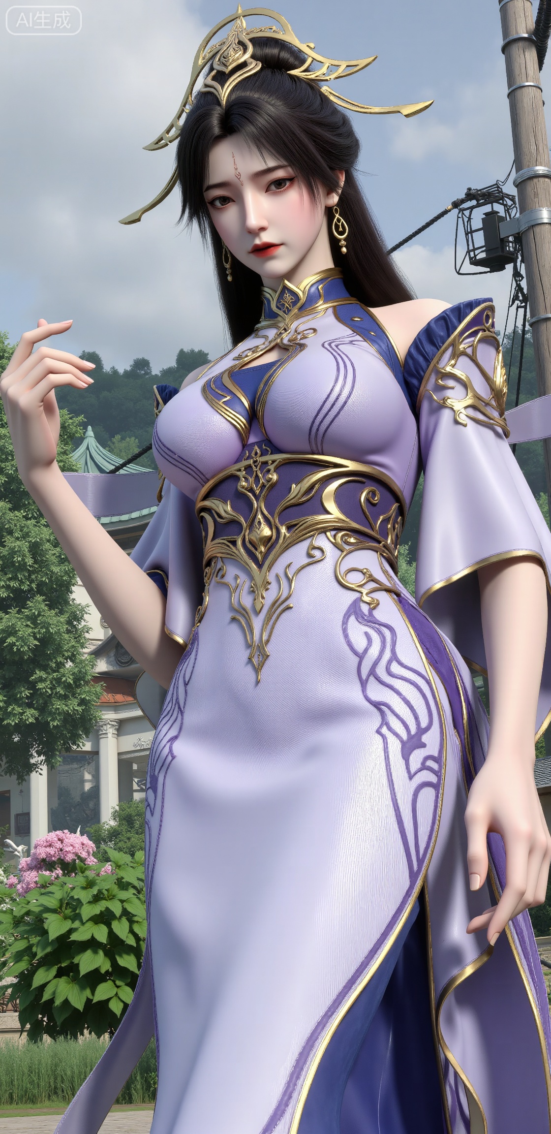 masterpiece,best quality,highly detailed,game_cg,absurdres,wallpaper, 1girl,dress,long_hair,black hair,close up,tree,flowers,utility pole,house,whmv,cxer_,gm_fhen,hfqh,GFlx,LX_HT,LX_DCTUI,Xzhongxiu,gmns,ngrx,pf