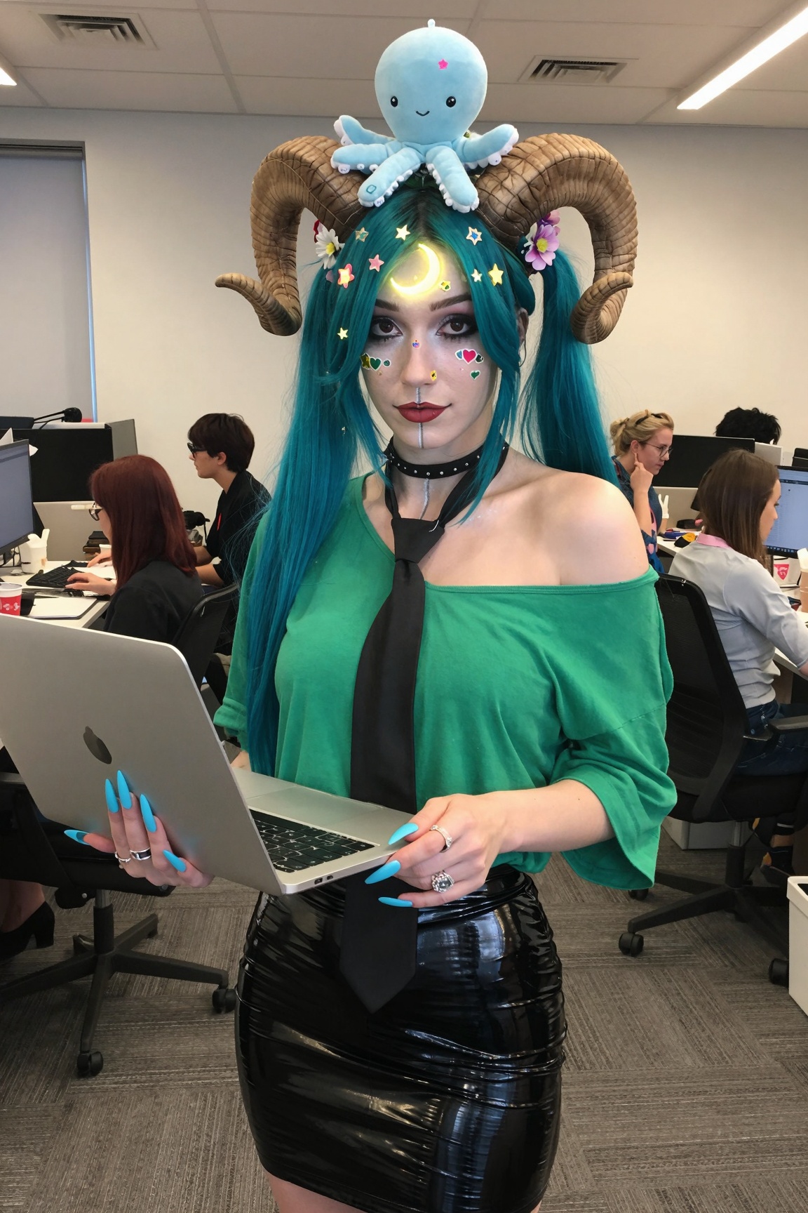 raw unedited amateurish candid photo. It's alternative european girl,  adorable,  pinterest style. teal-colored hair style...