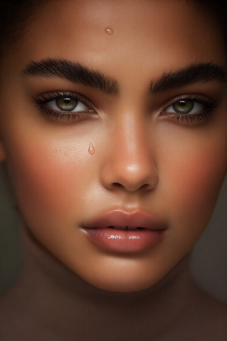 fgholi ,  The image shows a close-up of a person's face,  partially covered in water droplets. The person has dark on Tens...