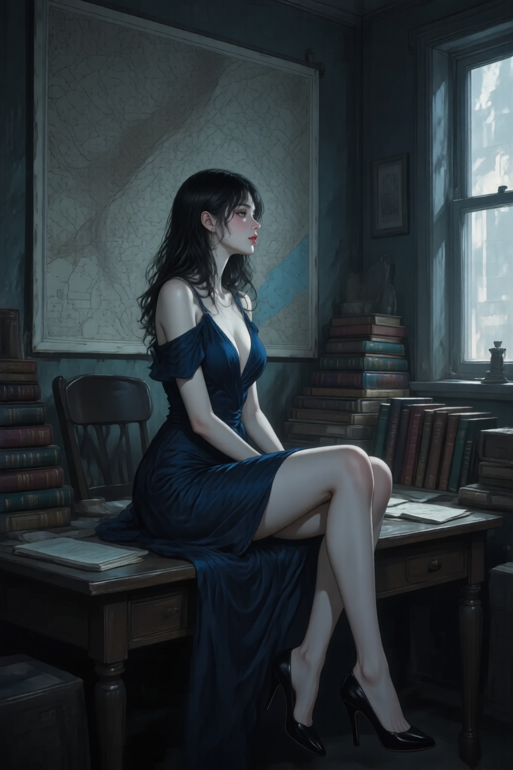 Igor风格插画,  一位肤色白皙、黑发的女子,  身着深蓝色露肩深V领连衣裙 on Tensor.Art