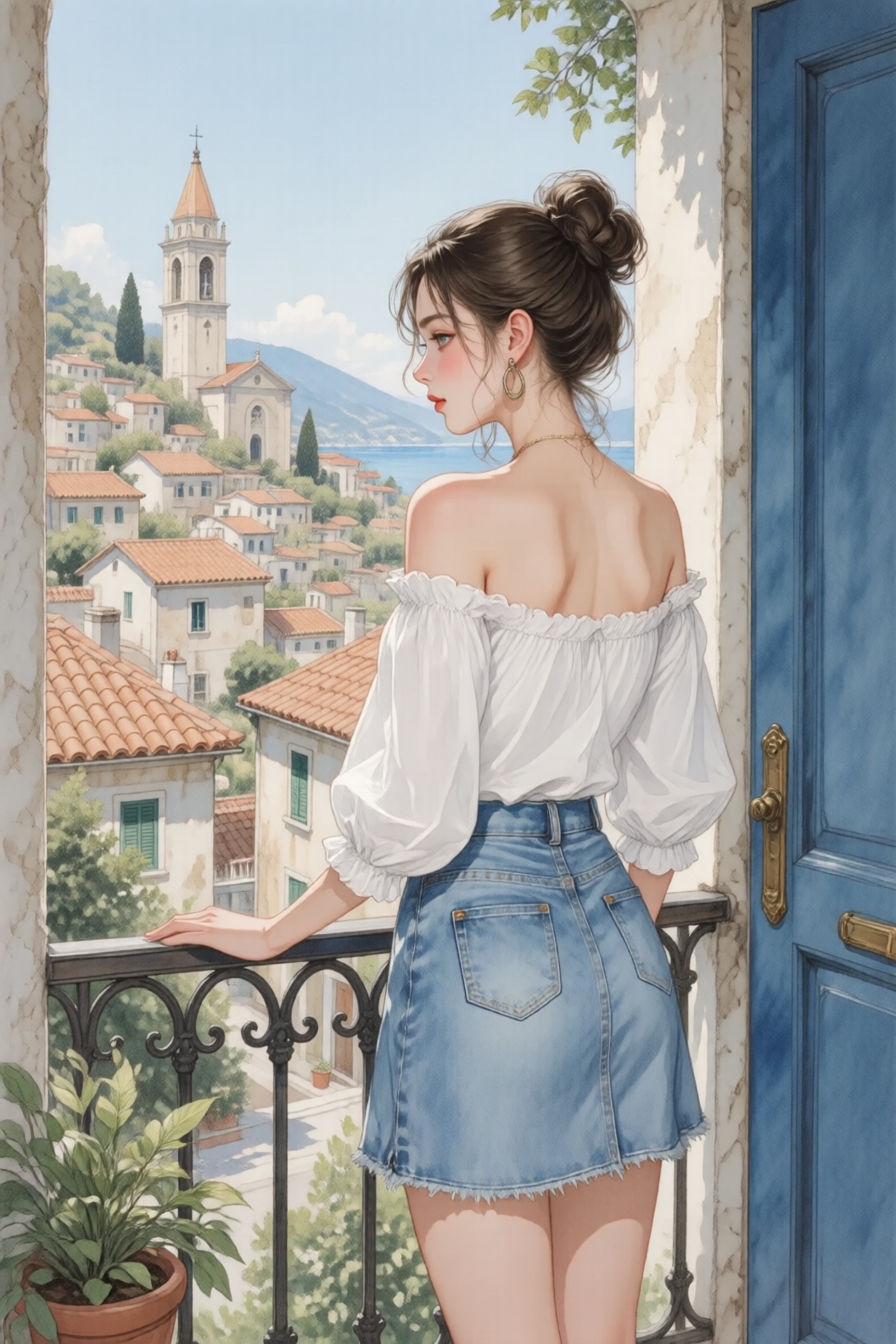 a woman standing on a balcony,  looking out at a picturesque Mediterranean village with terracotta rooftops and a church t...