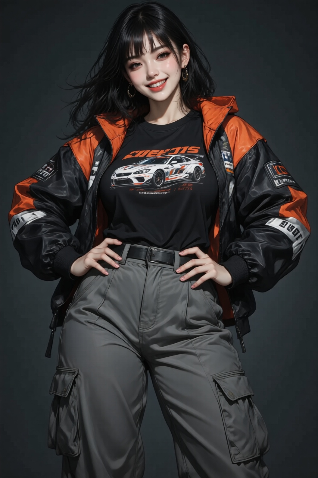 full body of a young woman with black hair and a full,  curvy body type,  with a kind face and a smile. She is wearing a b...