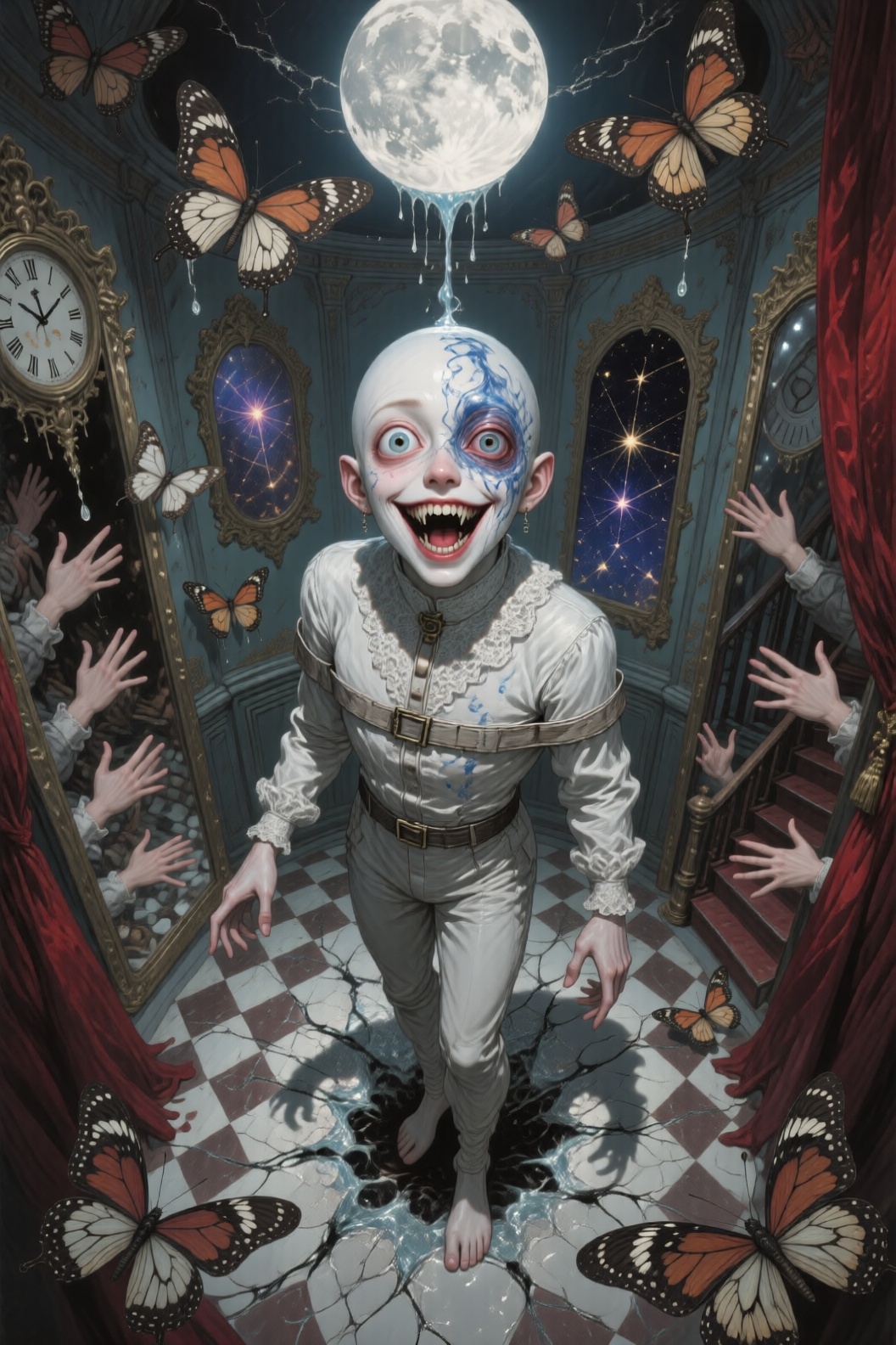 A surreal,  kaleidoscopic descent into madness a porcelain-faced figure with one eye spinning like a hypnotic vortex and t...